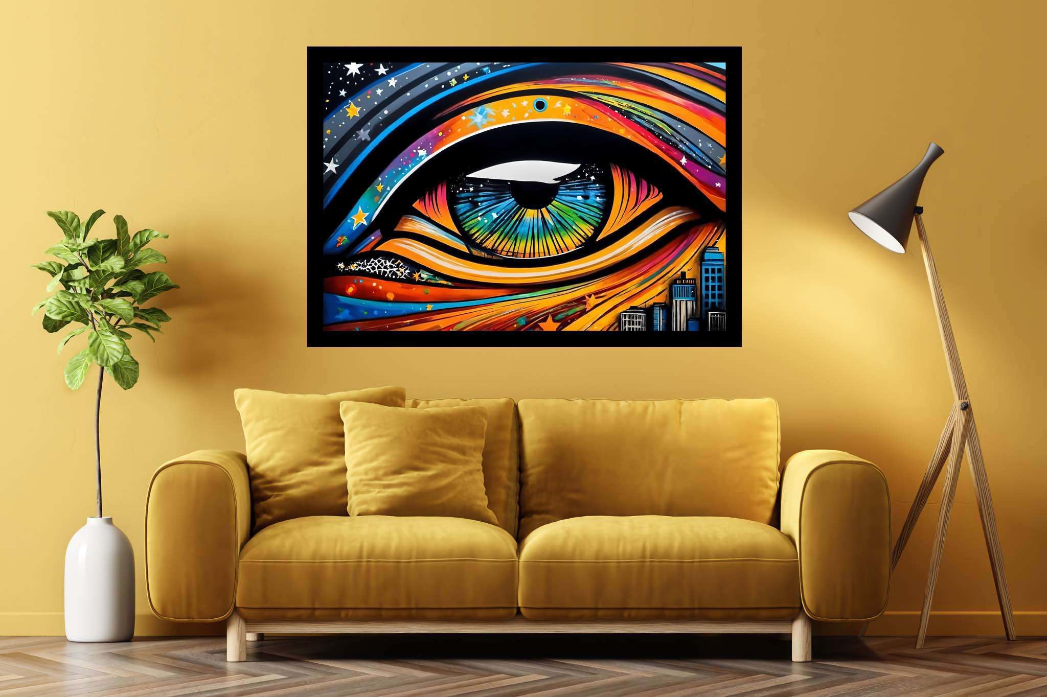 City's gaze unveiled: Vibrant eye art with eye-catching artwork, in a room with great design, canvas prints, and decorative pieces. The art can be printed on poster, framed poster, canvas, metal, acrylic or wood, exclusively at WallArtZen. Find this exact print at https://wallartzen.com/waz305