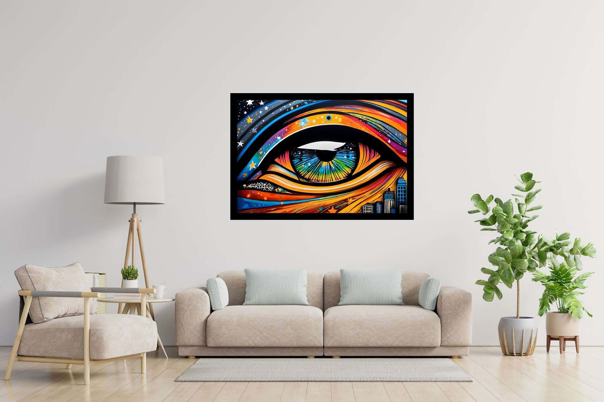 City's gaze unveiled: Vibrant eye art with vibrant eye designs, in a room with minimalist approach, canvas prints, and designer furniture. The art can be printed on poster, framed poster, canvas, metal, acrylic or wood, exclusively at WallArtZen. Find this exact print at https://wallartzen.com/waz305