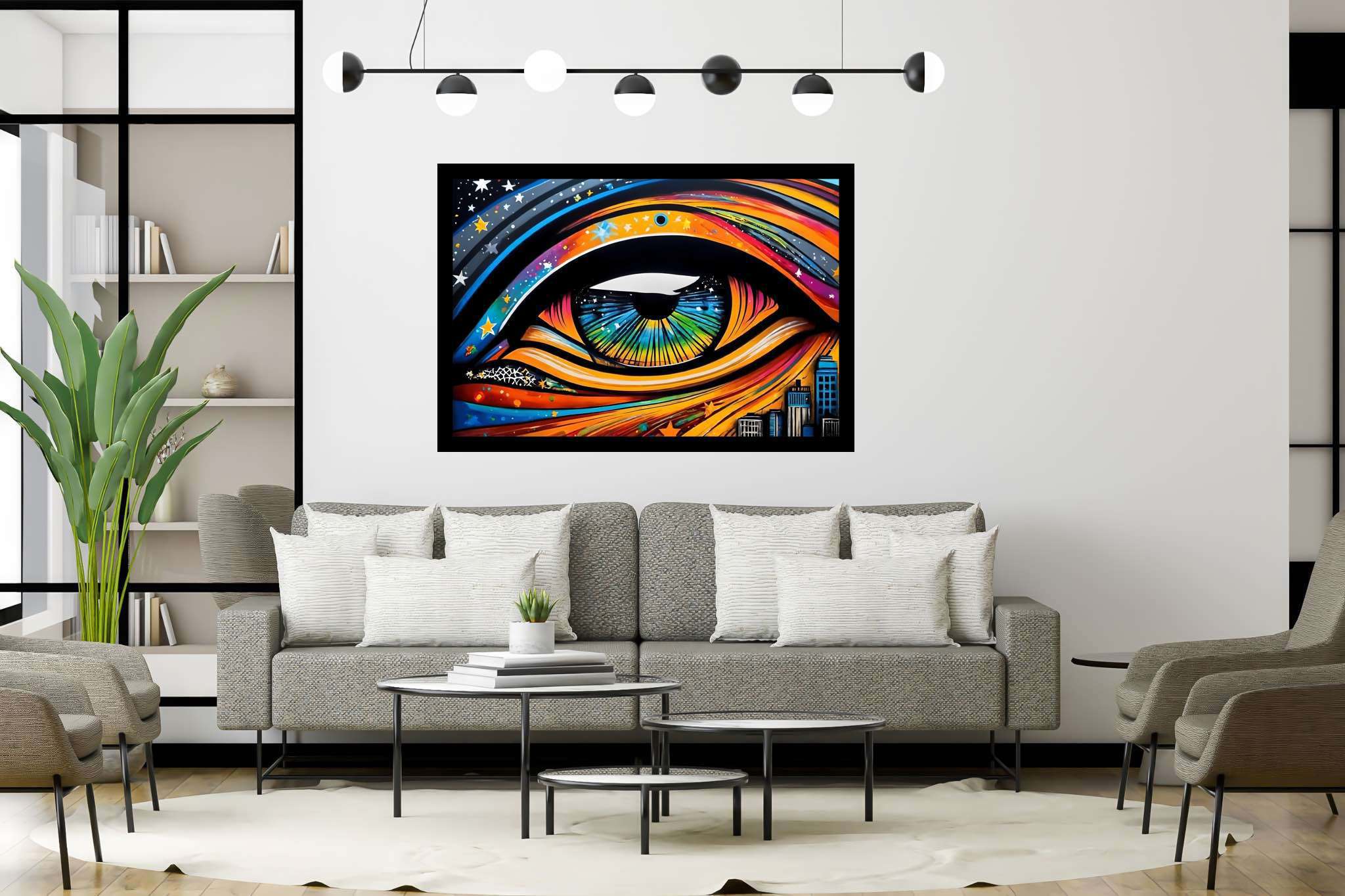 City's gaze unveiled: Vibrant eye art with vibrant eye designs, in a room with great design, canvas prints, and trendy home accents. The art can be printed on poster, framed poster, canvas, metal, acrylic or wood, exclusively at WallArtZen. Find this exact print at https://wallartzen.com/waz305