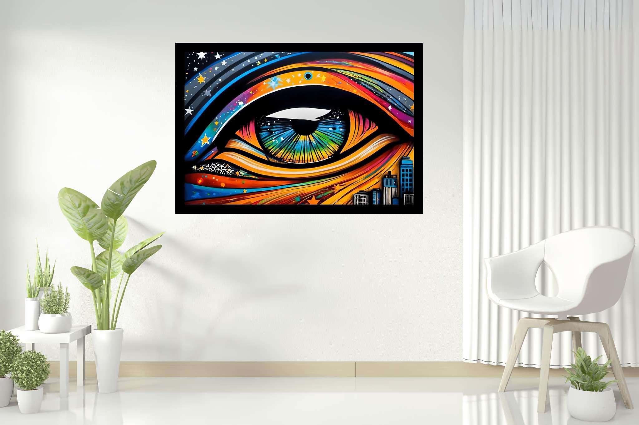 City's gaze unveiled: Vibrant eye art with expressive art, in a room with modern style, wall hangings, and artisan decor. The art can be printed on poster, framed poster, canvas, metal, acrylic or wood, exclusively at WallArtZen. Find this exact print at https://wallartzen.com/waz305