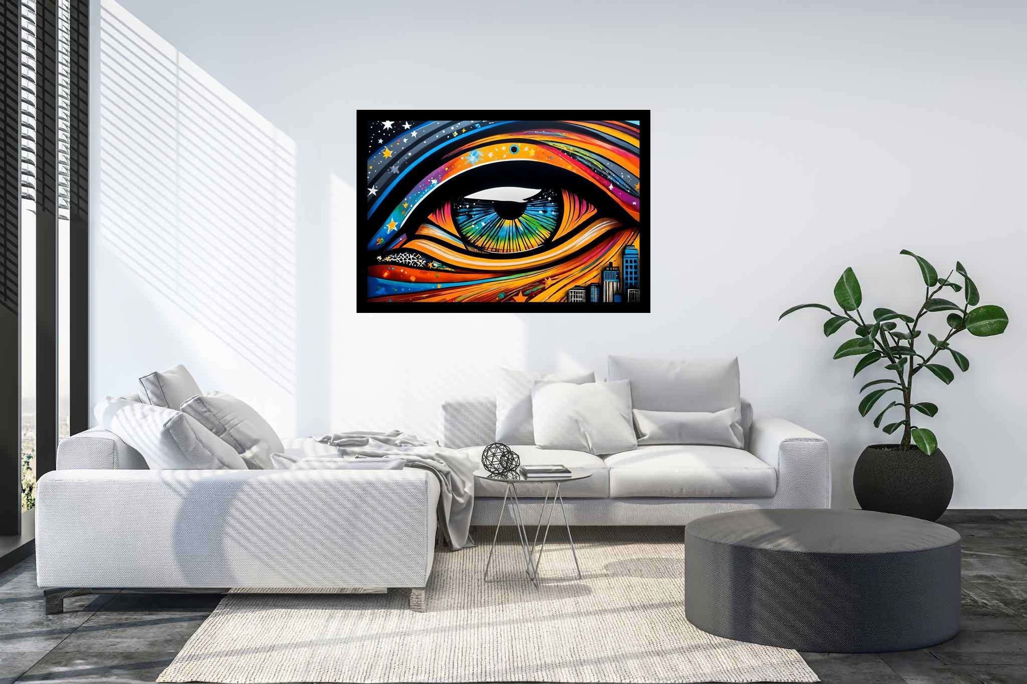 City's gaze unveiled: Vibrant eye art with vibrant eye drawings, in a room with artistic style, gallery-quality artwork, and stylish accessories. The art can be printed on poster, framed poster, canvas, metal, acrylic or wood, exclusively at WallArtZen. Find this exact print at https://wallartzen.com/waz305