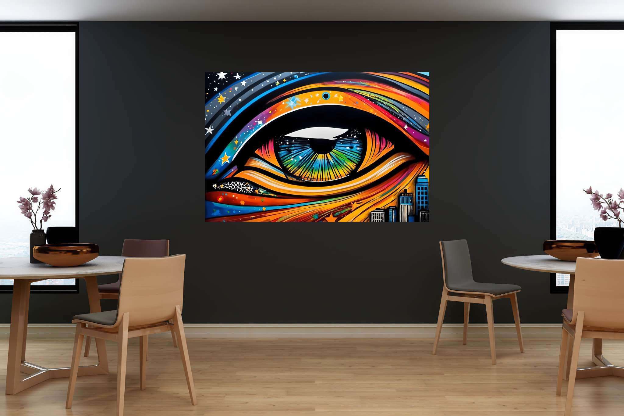 City's gaze unveiled: Vibrant eye art with vibrant paintings, in a room with contemporary flair, canvas prints, and luxe decor. The art can be printed on poster, framed poster, canvas, metal, acrylic or wood, exclusively at WallArtZen. Find this exact print at https://wallartzen.com/waz305