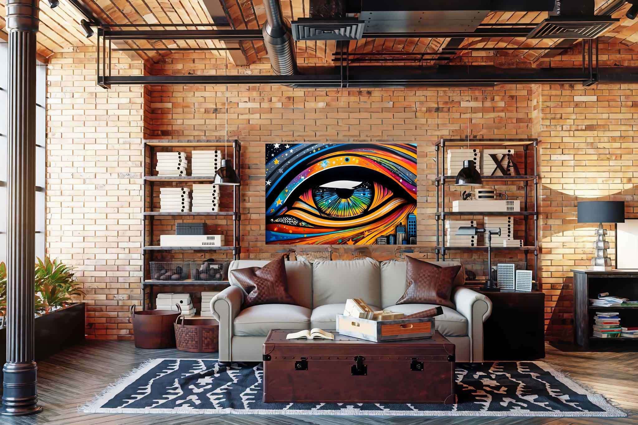 City's gaze unveiled: Vibrant eye art with expressive art, in a room with modern style, mural artworks, and home furnishings. The art can be printed on poster, framed poster, canvas, metal, acrylic or wood, exclusively at WallArtZen. Find this exact print at https://wallartzen.com/waz305
