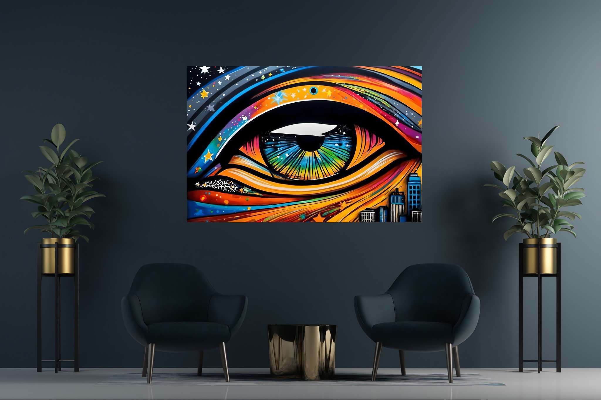City's gaze unveiled: Vibrant eye art with vibrant eye illustrations, in a room with modern style, digital art pieces, and designer furniture. The art can be printed on poster, framed poster, canvas, metal, acrylic or wood, exclusively at WallArtZen. Find this exact print at https://wallartzen.com/waz305