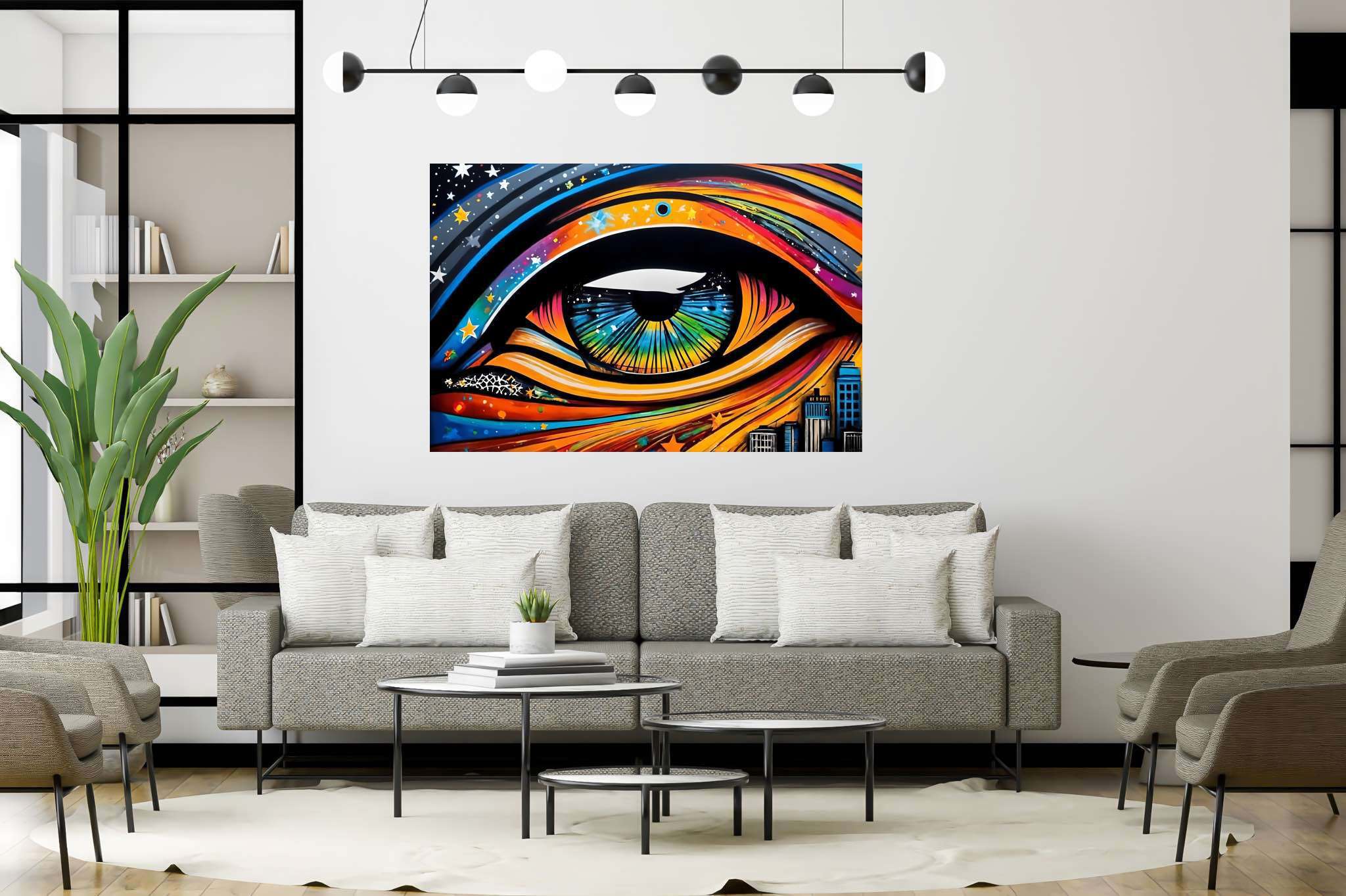 City's gaze unveiled: Vibrant eye art with vibrant eye designs, in a room with chic decor, mural artworks, and luxe decor. The art can be printed on poster, framed poster, canvas, metal, acrylic or wood, exclusively at WallArtZen. Find this exact print at https://wallartzen.com/waz305
