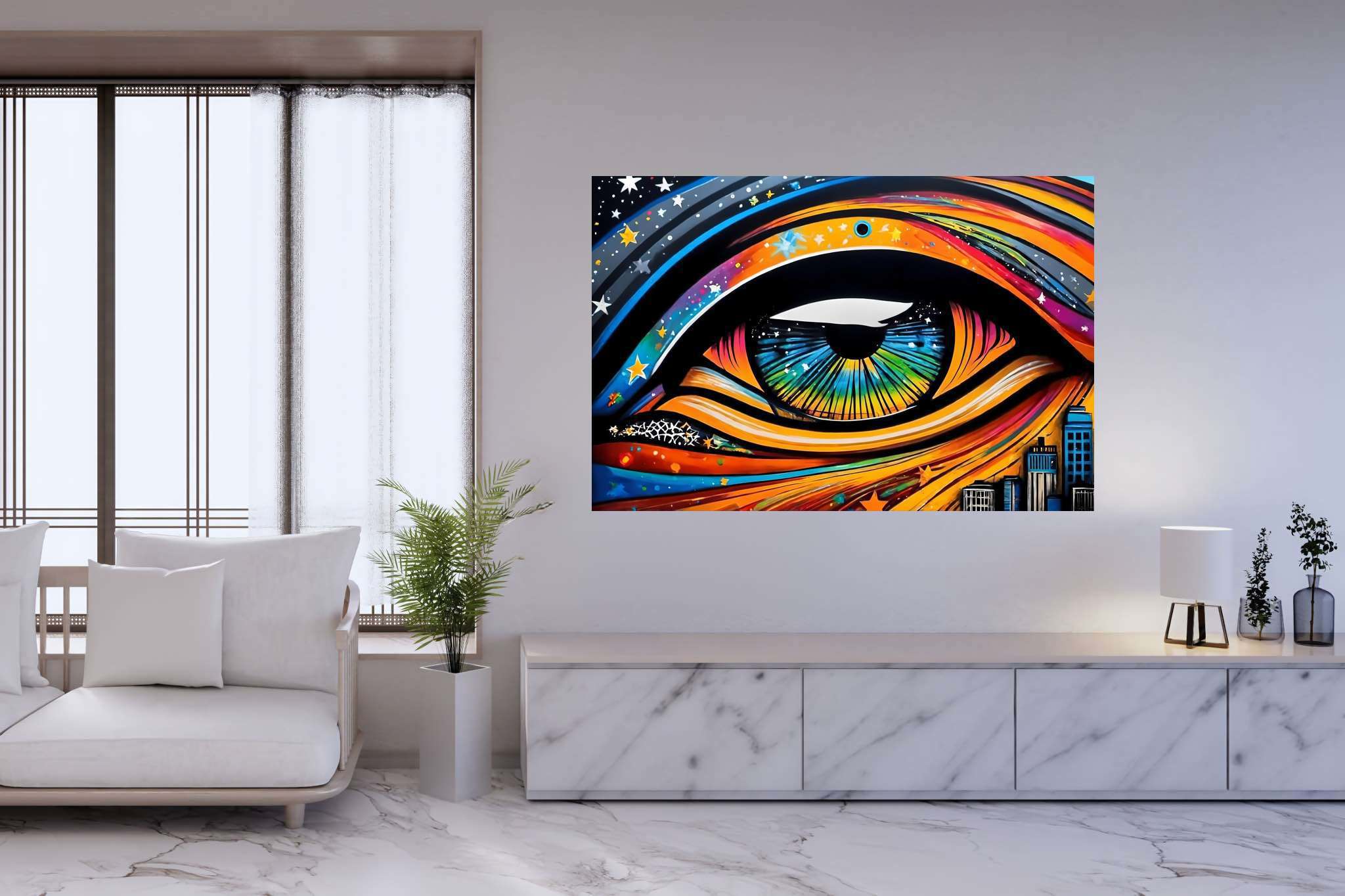 City's gaze unveiled: Vibrant eye art with vibrant paintings, in a room with minimalist approach, canvas prints, and designer furniture. The art can be printed on poster, framed poster, canvas, metal, acrylic or wood, exclusively at WallArtZen. Find this exact print at https://wallartzen.com/waz305