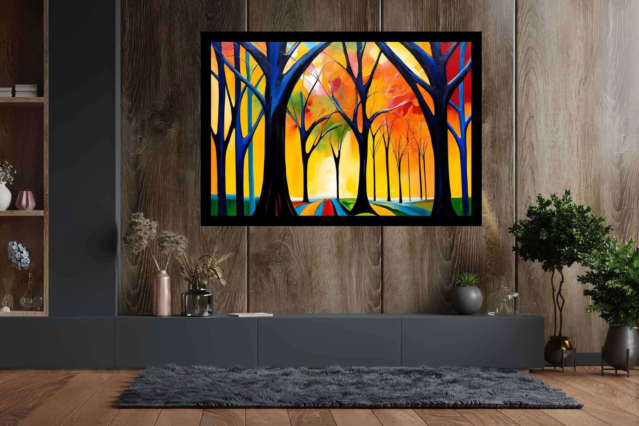 Stardust canopy serenade: Enchanted forest art with ethereal illustrations, in a room with minimalist approach, bespoke art designs, and trendy home accents. The art can be printed on poster, framed poster, canvas, metal, acrylic or wood, exclusively at WallArtZen. Find this exact print at https://wallartzen.com/waz306
