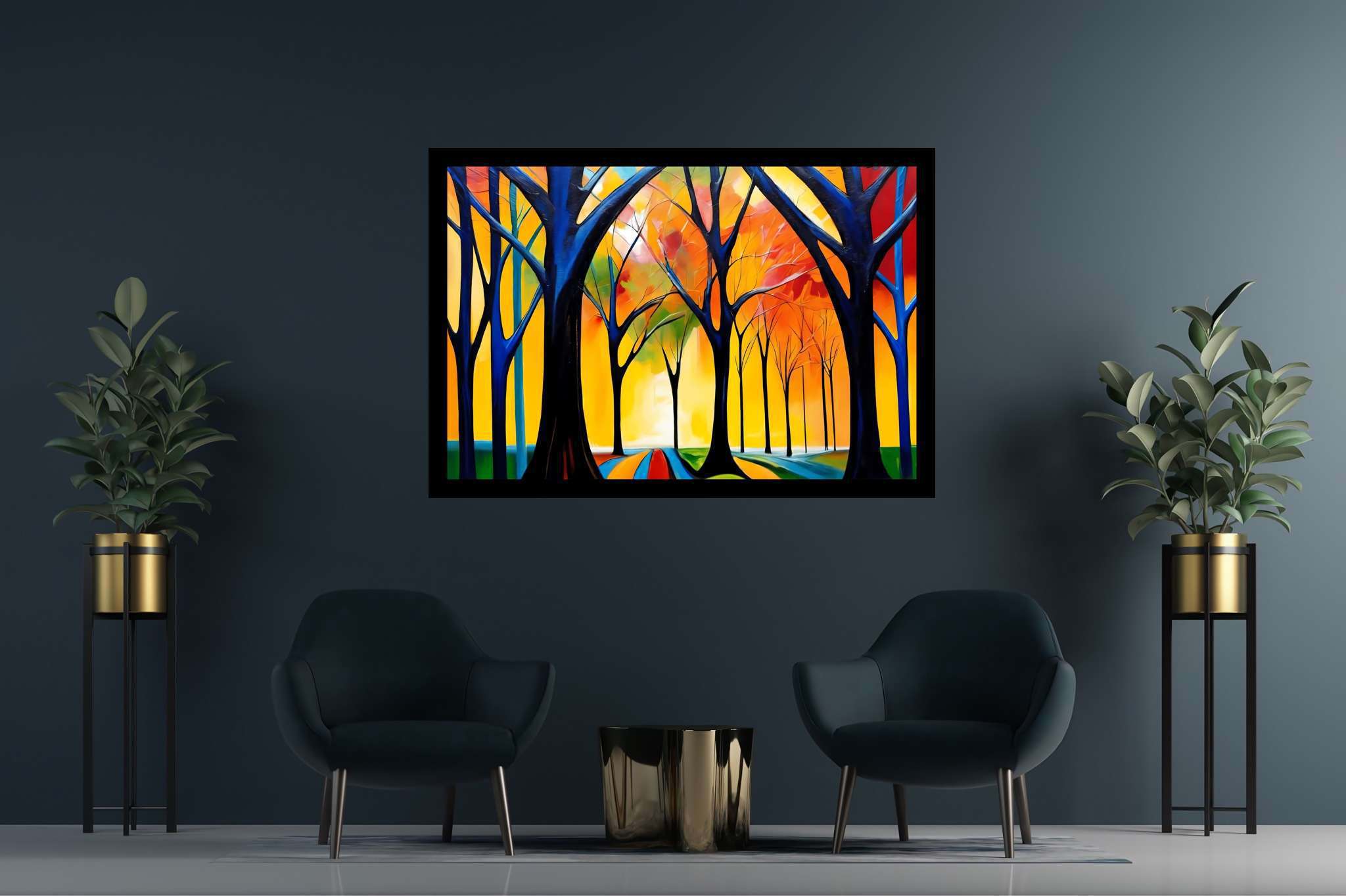 Stardust canopy serenade: Enchanted forest art with enchanted forest art, in a room with chic decor, abstract paintings, and interior decorations. The art can be printed on poster, framed poster, canvas, metal, acrylic or wood, exclusively at WallArtZen. Find this exact print at https://wallartzen.com/waz306