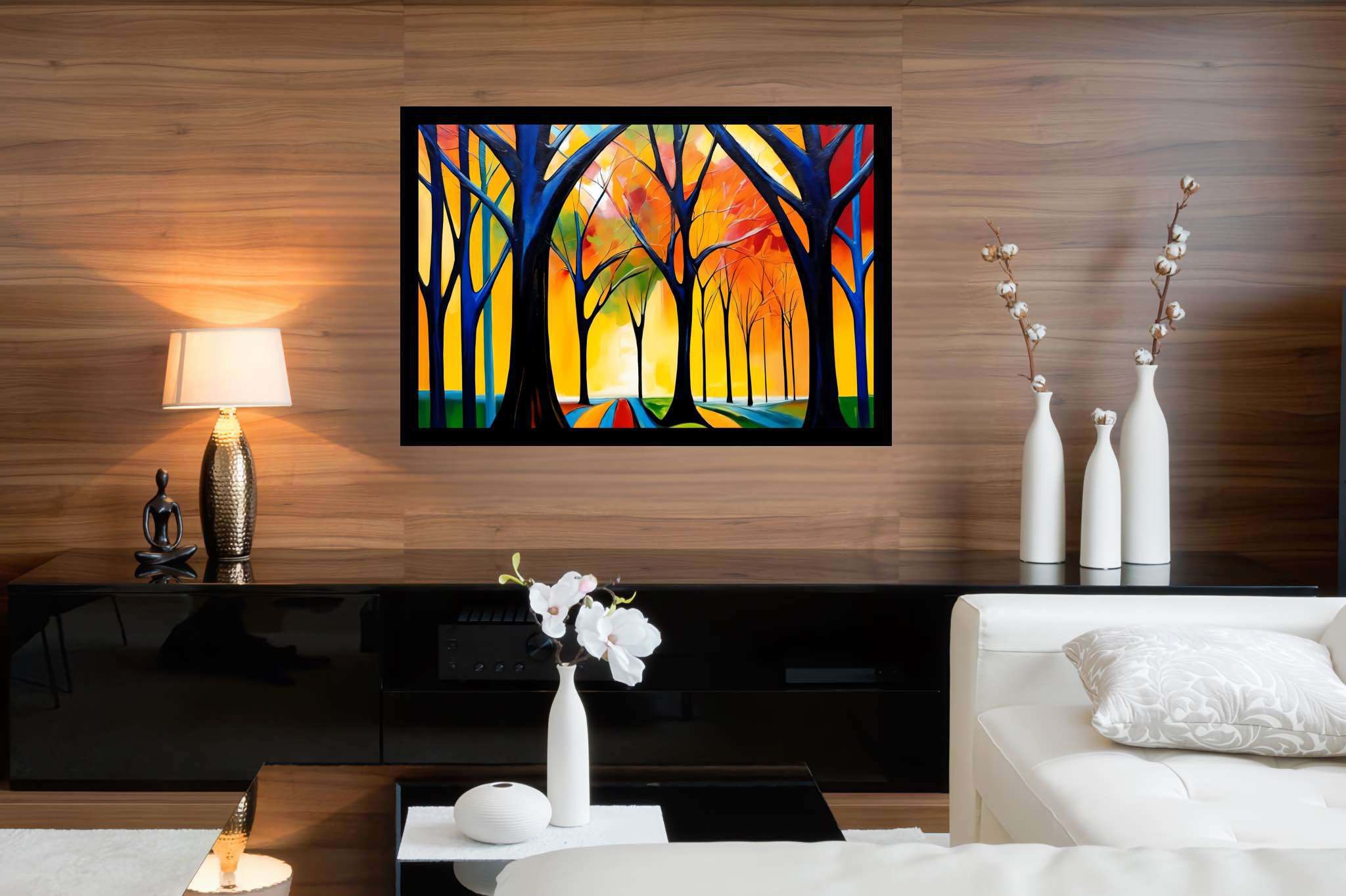 Stardust canopy serenade: Enchanted forest art with enchanted creatures, in a room with elegant layout, bespoke art designs, and trendy home accents. The art can be printed on poster, framed poster, canvas, metal, acrylic or wood, exclusively at WallArtZen. Find this exact print at https://wallartzen.com/waz306