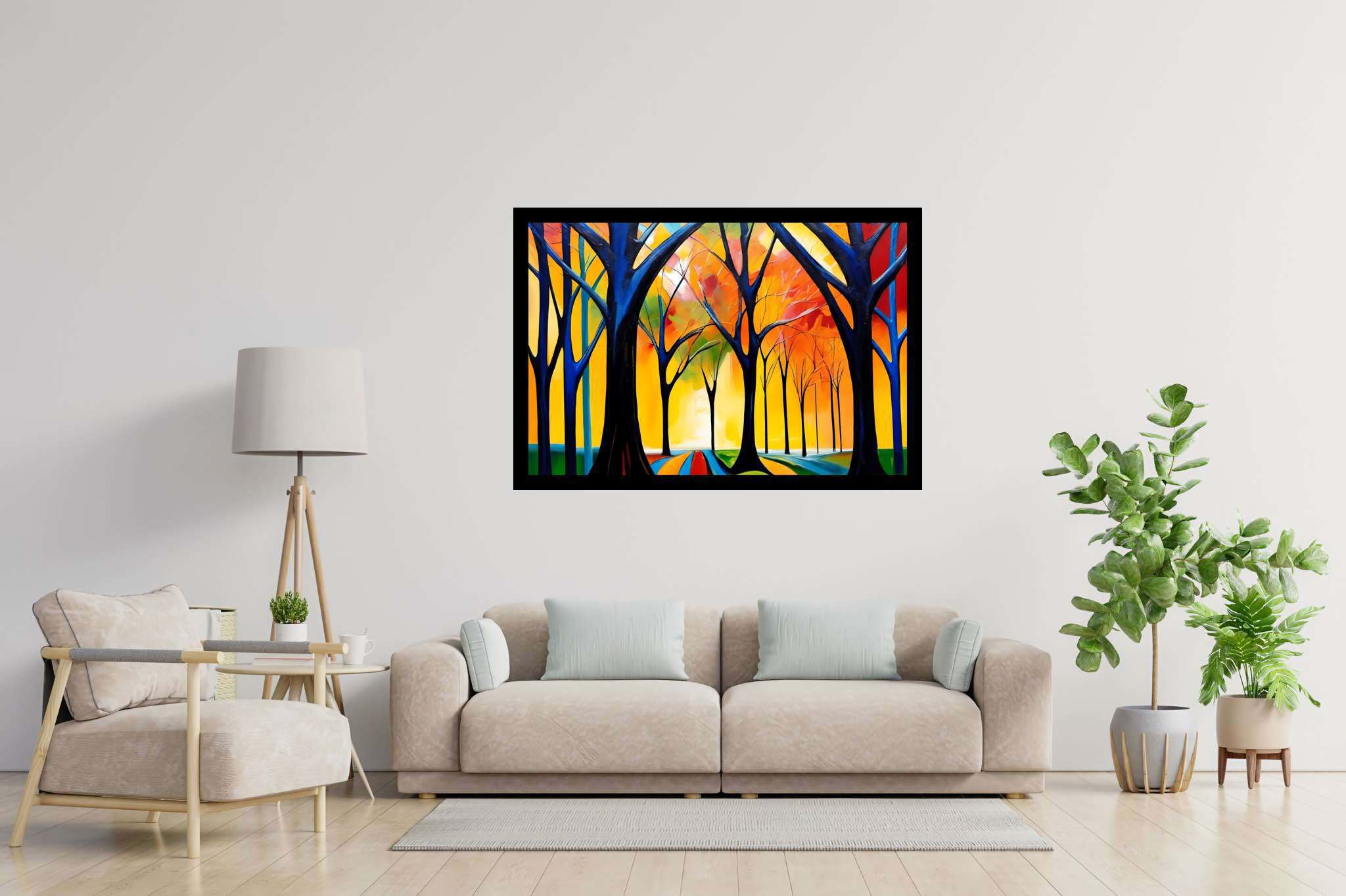 Stardust canopy serenade: Enchanted forest art with magical woodland, in a room with minimalist approach, abstract paintings, and trendy home accents. The art can be printed on poster, framed poster, canvas, metal, acrylic or wood, exclusively at WallArtZen. Find this exact print at https://wallartzen.com/waz306