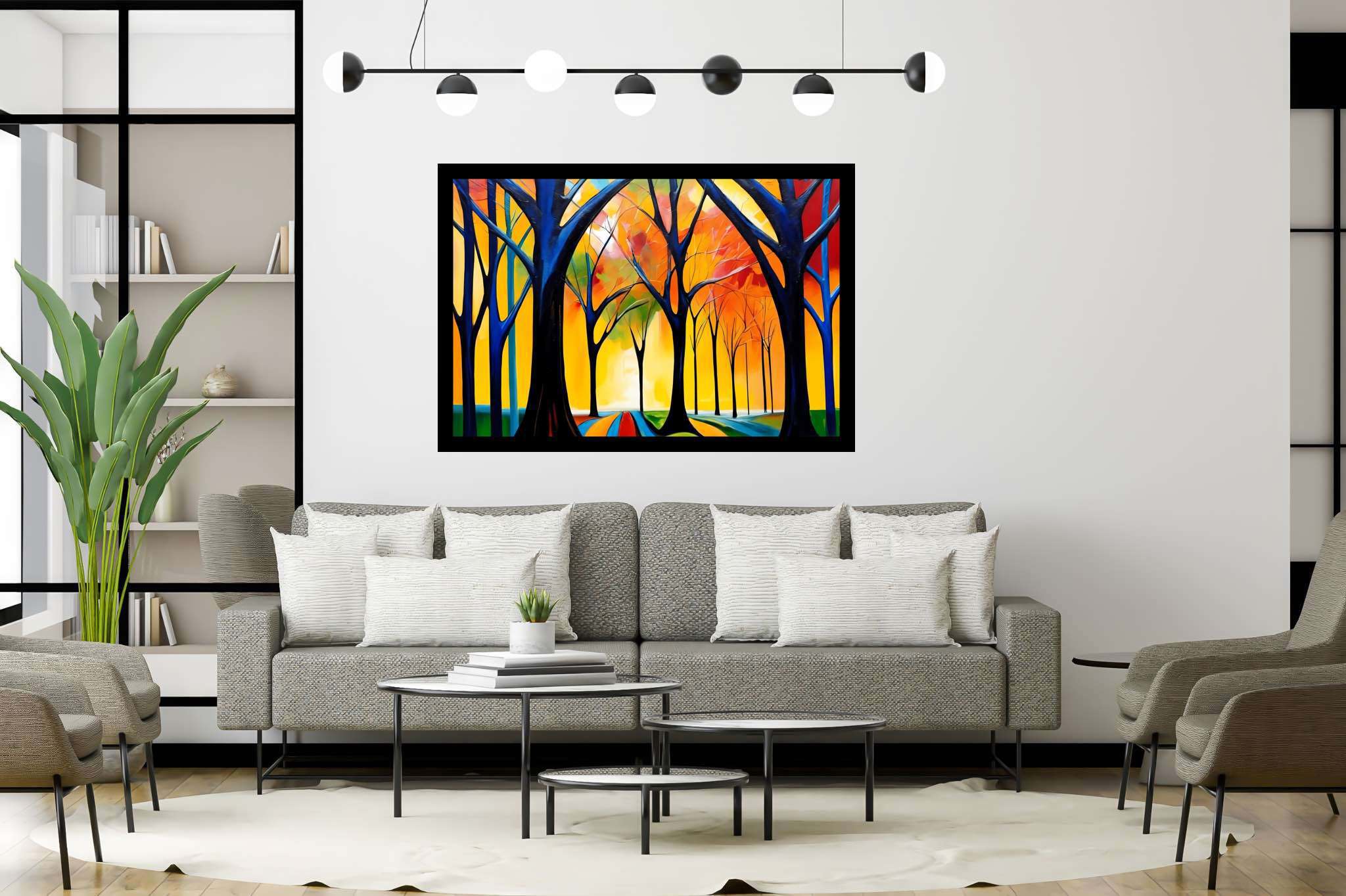 Stardust canopy serenade: Enchanted forest art with fantasy artwork, in a room with modern style, framed art, and stylish accessories. The art can be printed on poster, framed poster, canvas, metal, acrylic or wood, exclusively at WallArtZen. Find this exact print at https://wallartzen.com/waz306