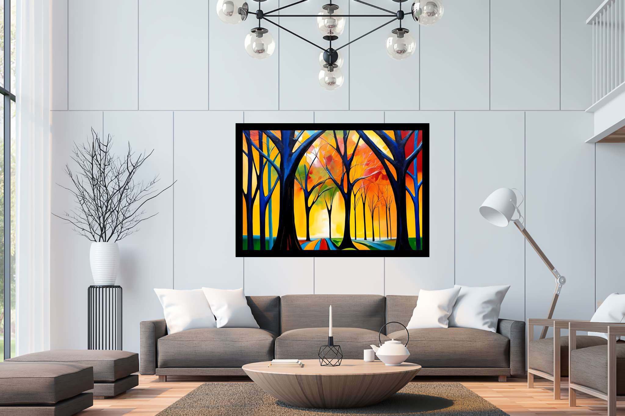 Stardust canopy serenade: Enchanted forest art with enchanted world, in a room with elegant layout, fine art prints, and interior decorations. The art can be printed on poster, framed poster, canvas, metal, acrylic or wood, exclusively at WallArtZen. Find this exact print at https://wallartzen.com/waz306