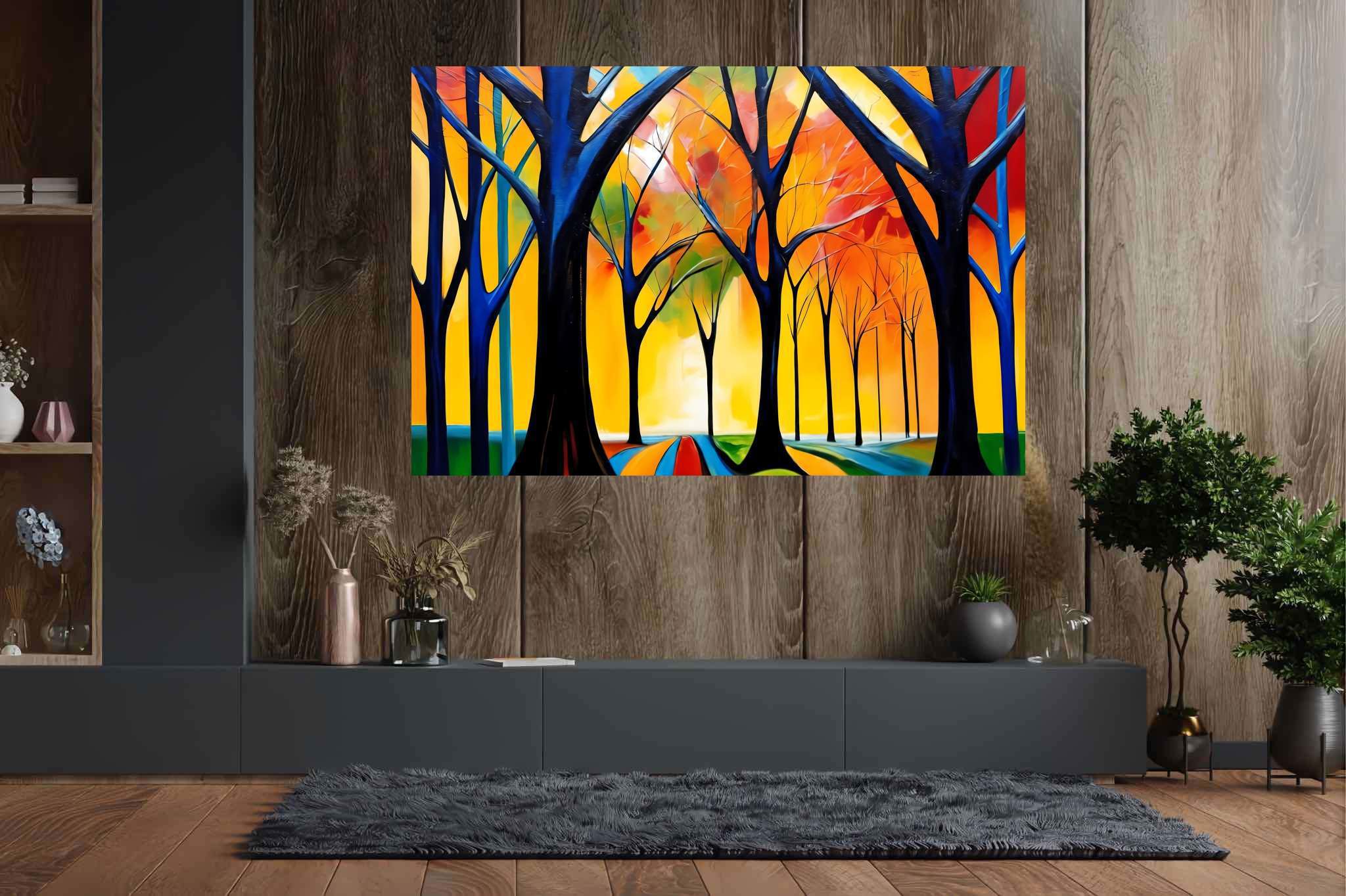 Stardust canopy serenade: Enchanted forest art with enchanted creatures, in a room with contemporary flair, fine art prints, and stylish accessories. The art can be printed on poster, framed poster, canvas, metal, acrylic or wood, exclusively at WallArtZen. Find this exact print at https://wallartzen.com/waz306