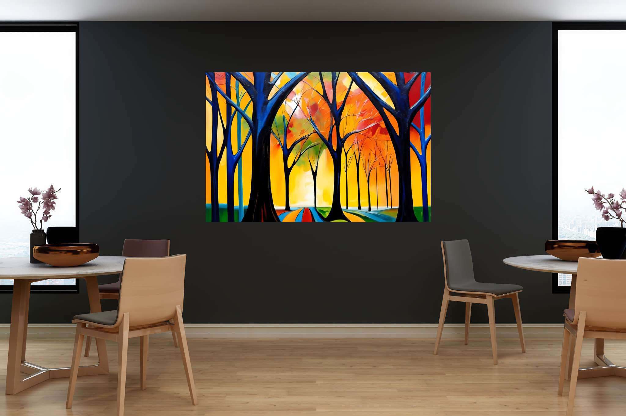 Stardust canopy serenade: Enchanted forest art with nature-inspired paintings, in a room with innovative layout, gallery-quality artwork, and decorative pieces. The art can be printed on poster, framed poster, canvas, metal, acrylic or wood, exclusively at WallArtZen. Find this exact print at https://wallartzen.com/waz306