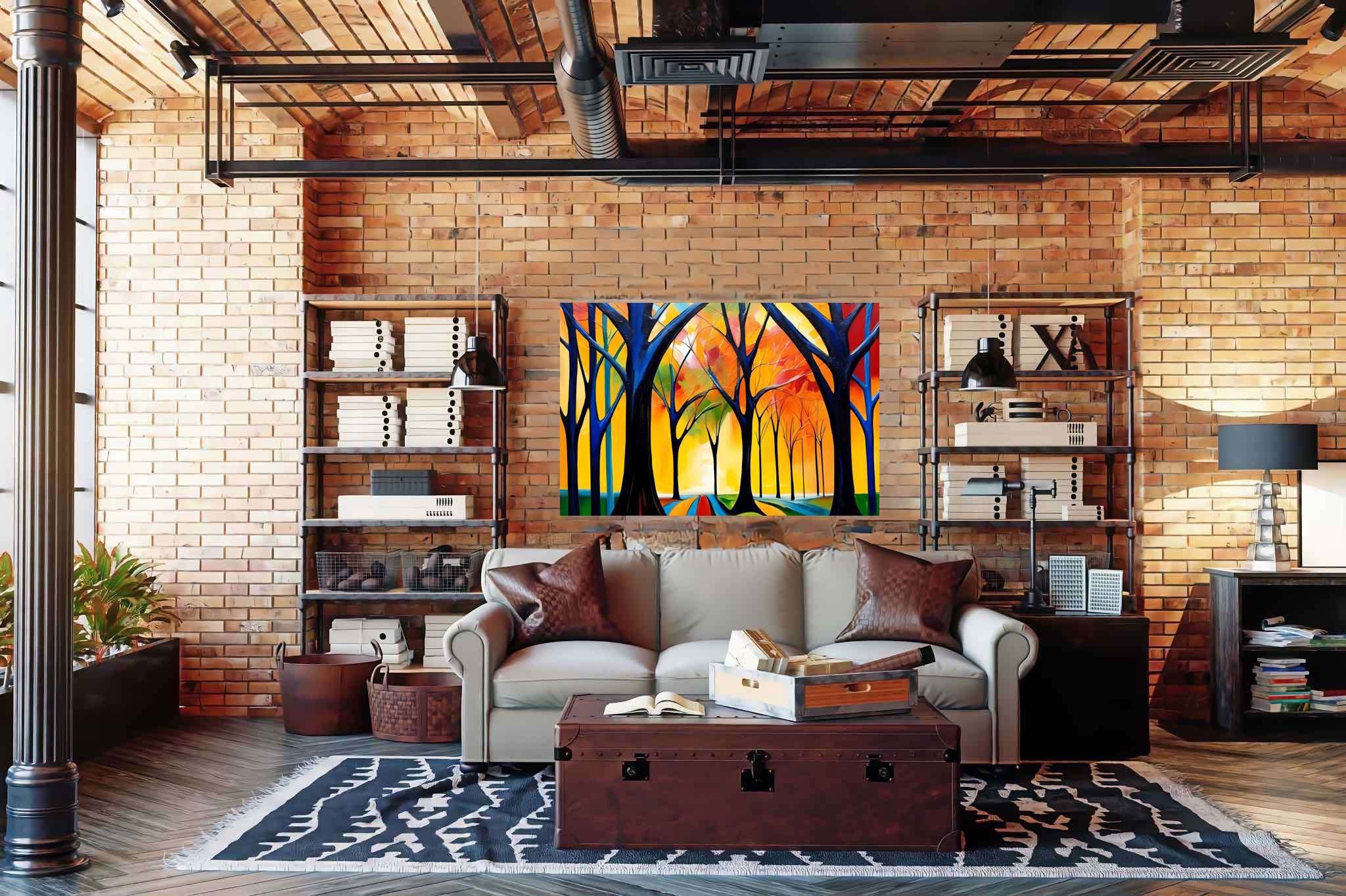 Stardust canopy serenade: Enchanted forest art with mystical nature, in a room with elegant layout, framed art, and elegant home goods. The art can be printed on poster, framed poster, canvas, metal, acrylic or wood, exclusively at WallArtZen. Find this exact print at https://wallartzen.com/waz306