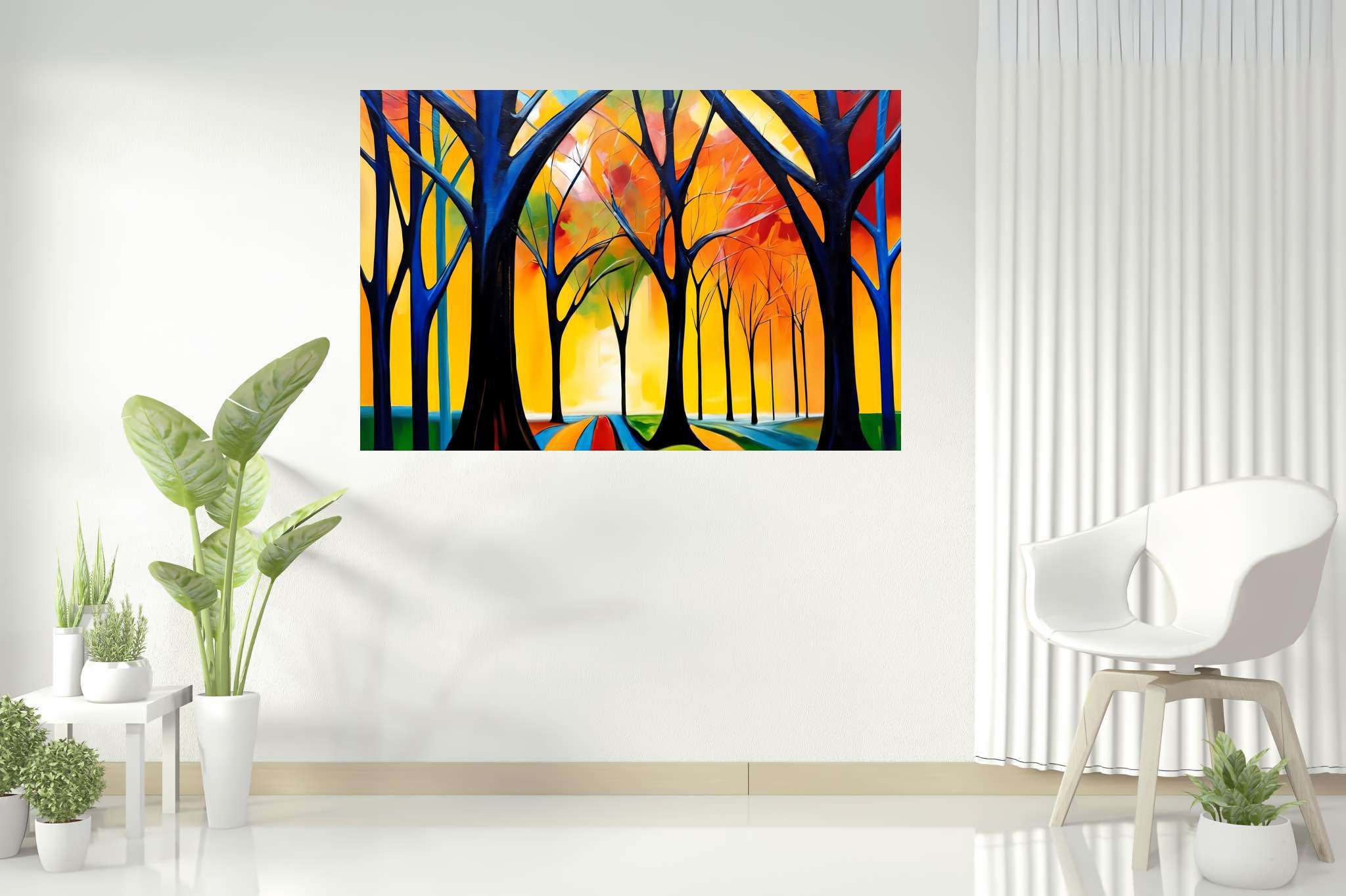 Stardust canopy serenade: Enchanted forest art with whimsical scenes, in a room with minimalist approach, wall art, and home furnishings. The art can be printed on poster, framed poster, canvas, metal, acrylic or wood, exclusively at WallArtZen. Find this exact print at https://wallartzen.com/waz306