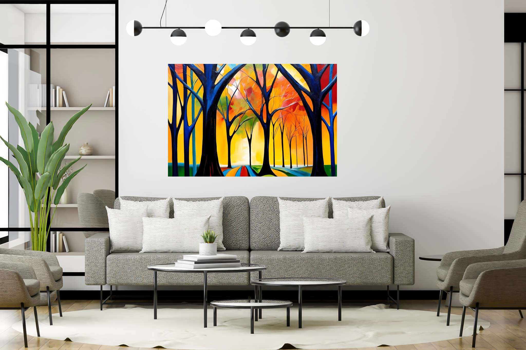 Stardust canopy serenade: Enchanted forest art with enchanted world, in a room with contemporary flair, framed art, and artisan decor. The art can be printed on poster, framed poster, canvas, metal, acrylic or wood, exclusively at WallArtZen. Find this exact print at https://wallartzen.com/waz306