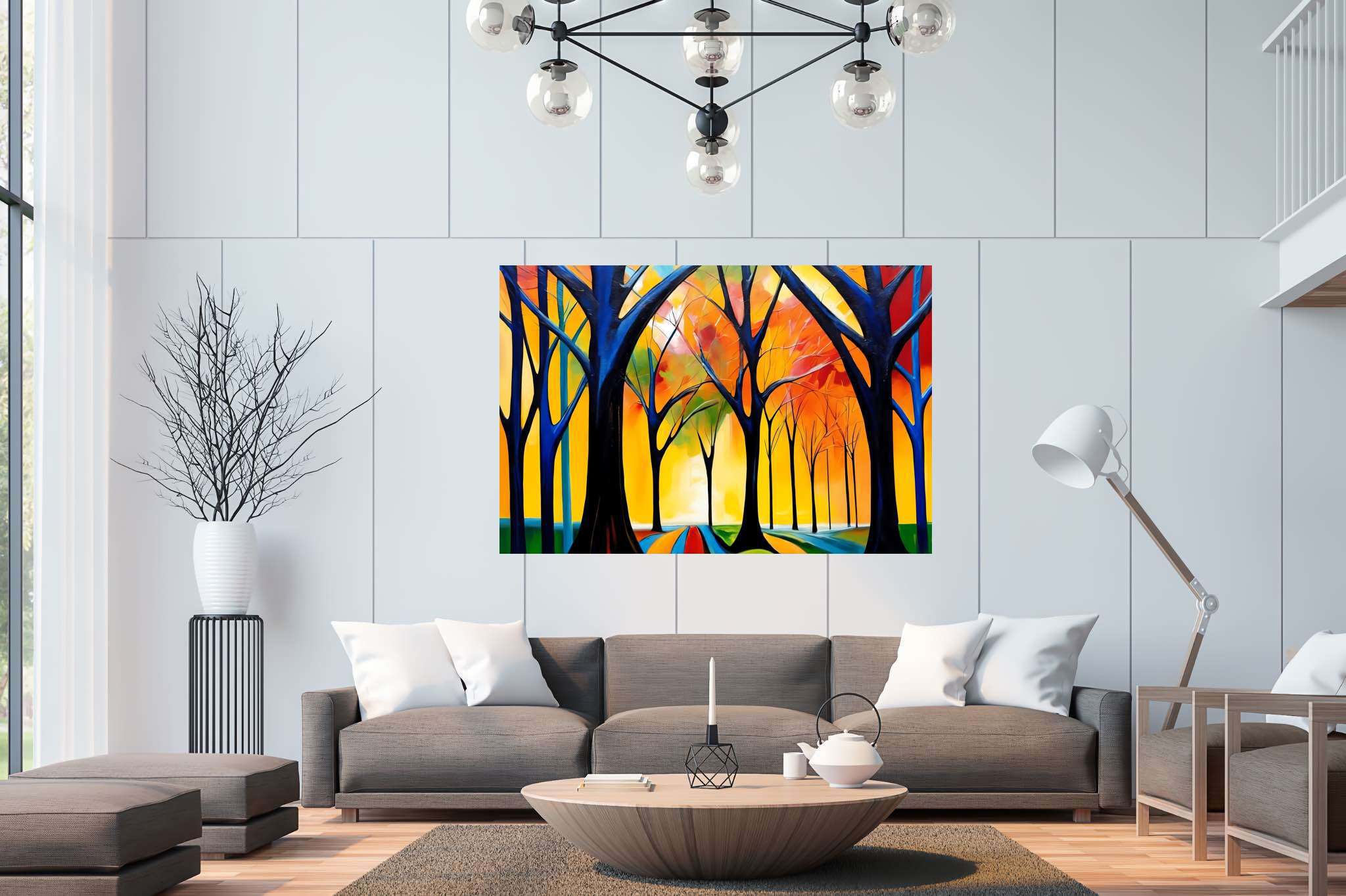 Stardust canopy serenade: Enchanted forest art with enchanting landscapes, in a room with urban design, gallery-quality artwork, and elegant home goods. The art can be printed on poster, framed poster, canvas, metal, acrylic or wood, exclusively at WallArtZen. Find this exact print at https://wallartzen.com/waz306