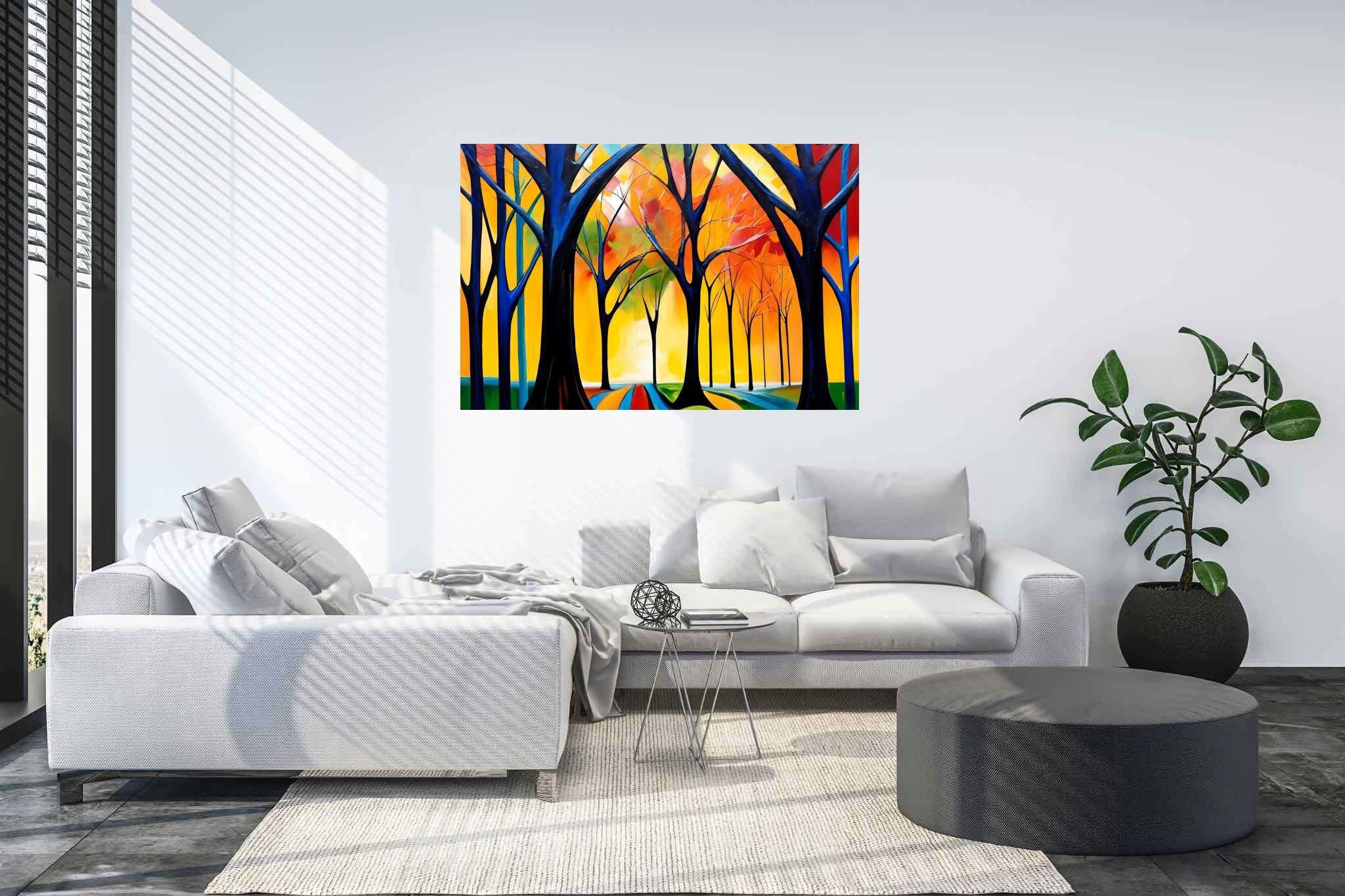 Stardust canopy serenade: Enchanted forest art with enchanted world, in a room with great design, digital art pieces, and stylish accessories. The art can be printed on poster, framed poster, canvas, metal, acrylic or wood, exclusively at WallArtZen. Find this exact print at https://wallartzen.com/waz306