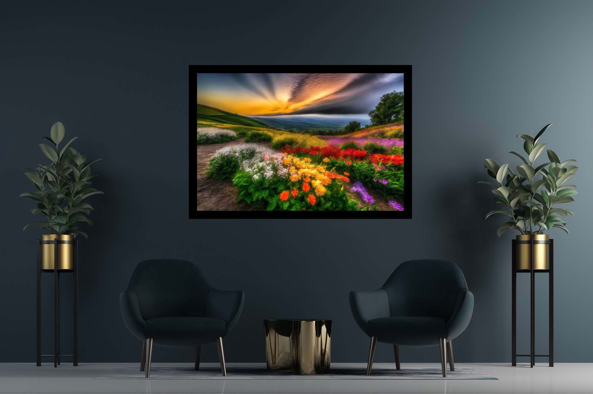 Bloom horizons unveiled: Floral art with floral prints, in a room with elegant layout, abstract paintings, and stylish accessories. The art can be printed on poster, framed poster, canvas, metal, acrylic or wood, exclusively at WallArtZen. Find this exact print at https://wallartzen.com/waz307