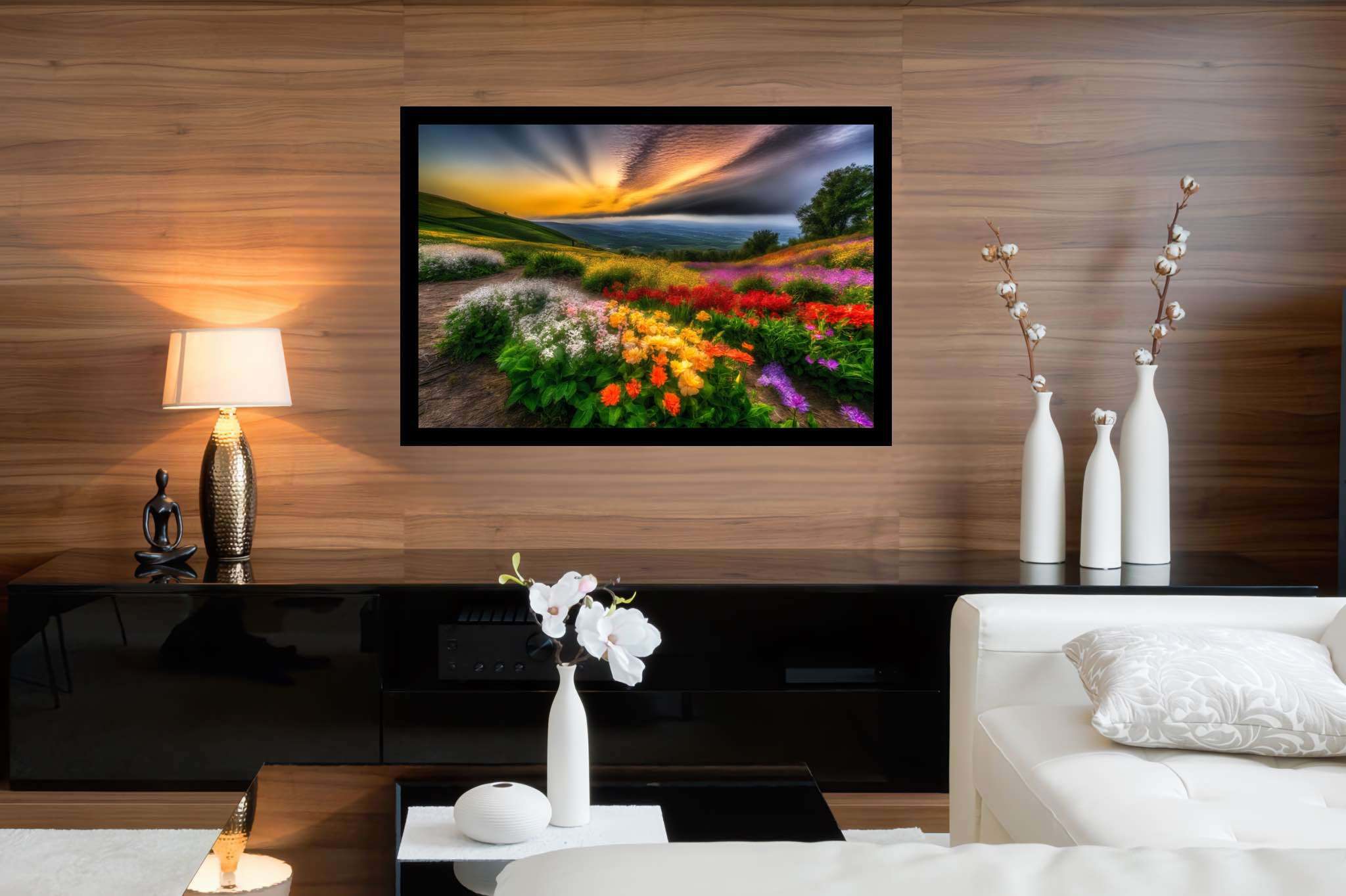 Bloom horizons unveiled: Floral art with flower painting, in a room with innovative layout, fine art prints, and stylish accessories. The art can be printed on poster, framed poster, canvas, metal, acrylic or wood, exclusively at WallArtZen. Find this exact print at https://wallartzen.com/waz307