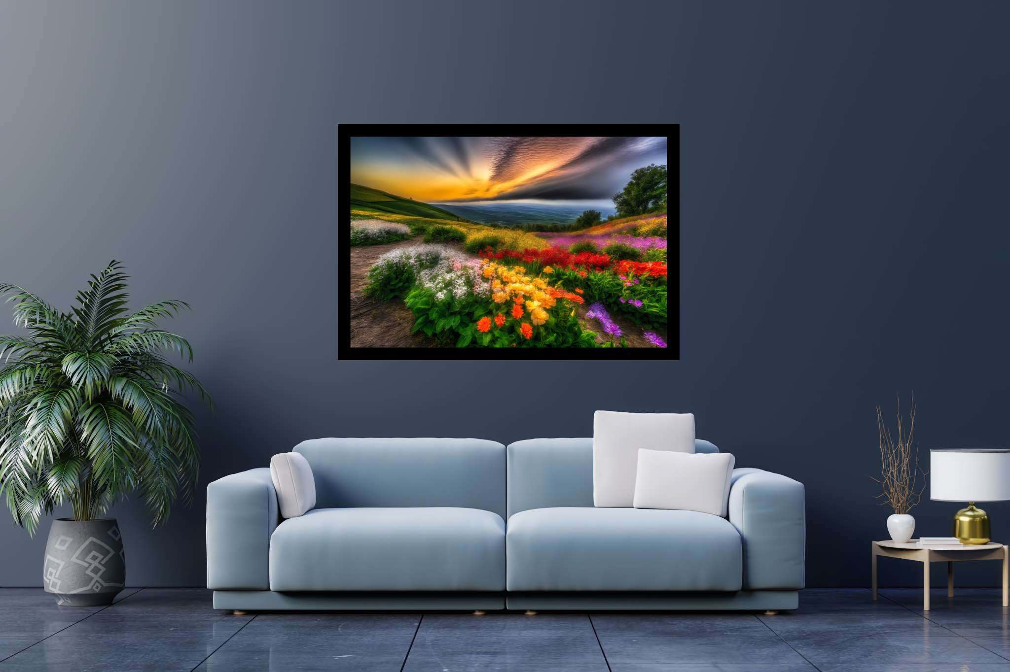 Bloom horizons unveiled: Floral art with nature-inspired art, in a room with chic decor, canvas prints, and decorative pieces. The art can be printed on poster, framed poster, canvas, metal, acrylic or wood, exclusively at WallArtZen. Find this exact print at https://wallartzen.com/waz307