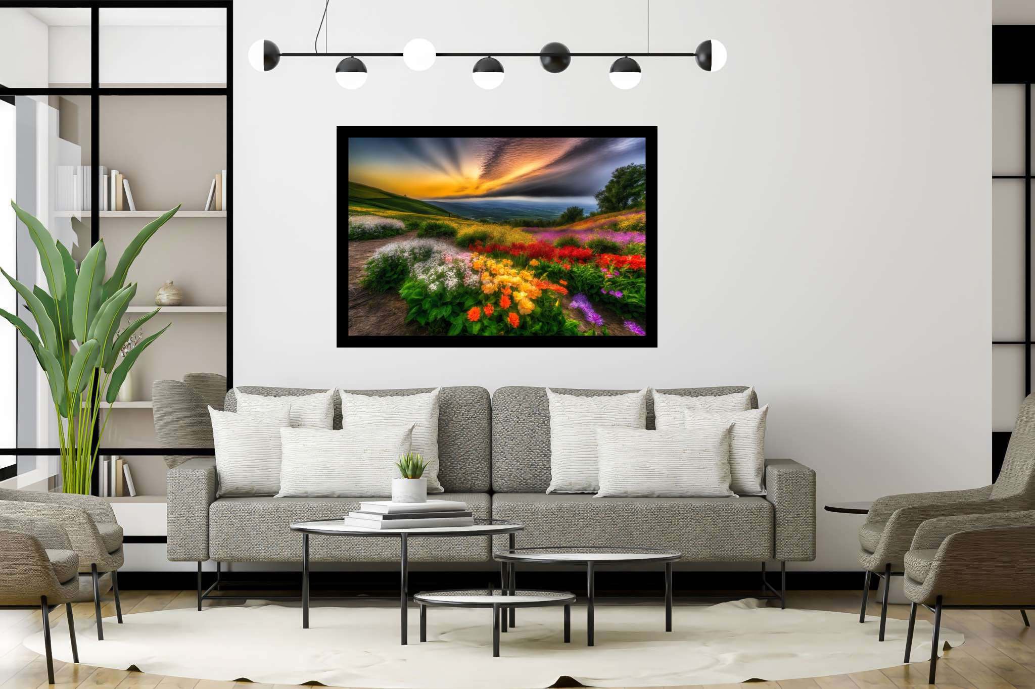 Bloom horizons unveiled: Floral art with flower painting, in a room with elegant layout, bespoke art designs, and designer furniture. The art can be printed on poster, framed poster, canvas, metal, acrylic or wood, exclusively at WallArtZen. Find this exact print at https://wallartzen.com/waz307