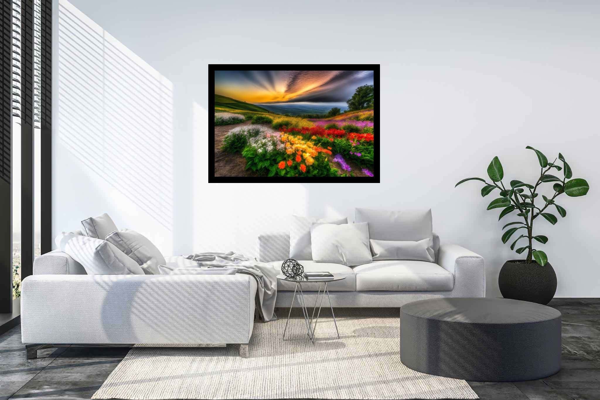 Bloom horizons unveiled: Floral art with floral designs, in a room with great design, mural artworks, and artisan decor. The art can be printed on poster, framed poster, canvas, metal, acrylic or wood, exclusively at WallArtZen. Find this exact print at https://wallartzen.com/waz307