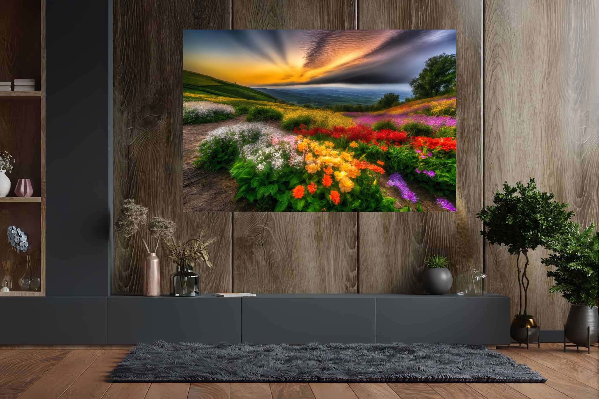 Bloom horizons unveiled: Floral art with botanical landscapes, in a room with urban design, fine art prints, and designer furniture. The art can be printed on poster, framed poster, canvas, metal, acrylic or wood, exclusively at WallArtZen. Find this exact print at https://wallartzen.com/waz307