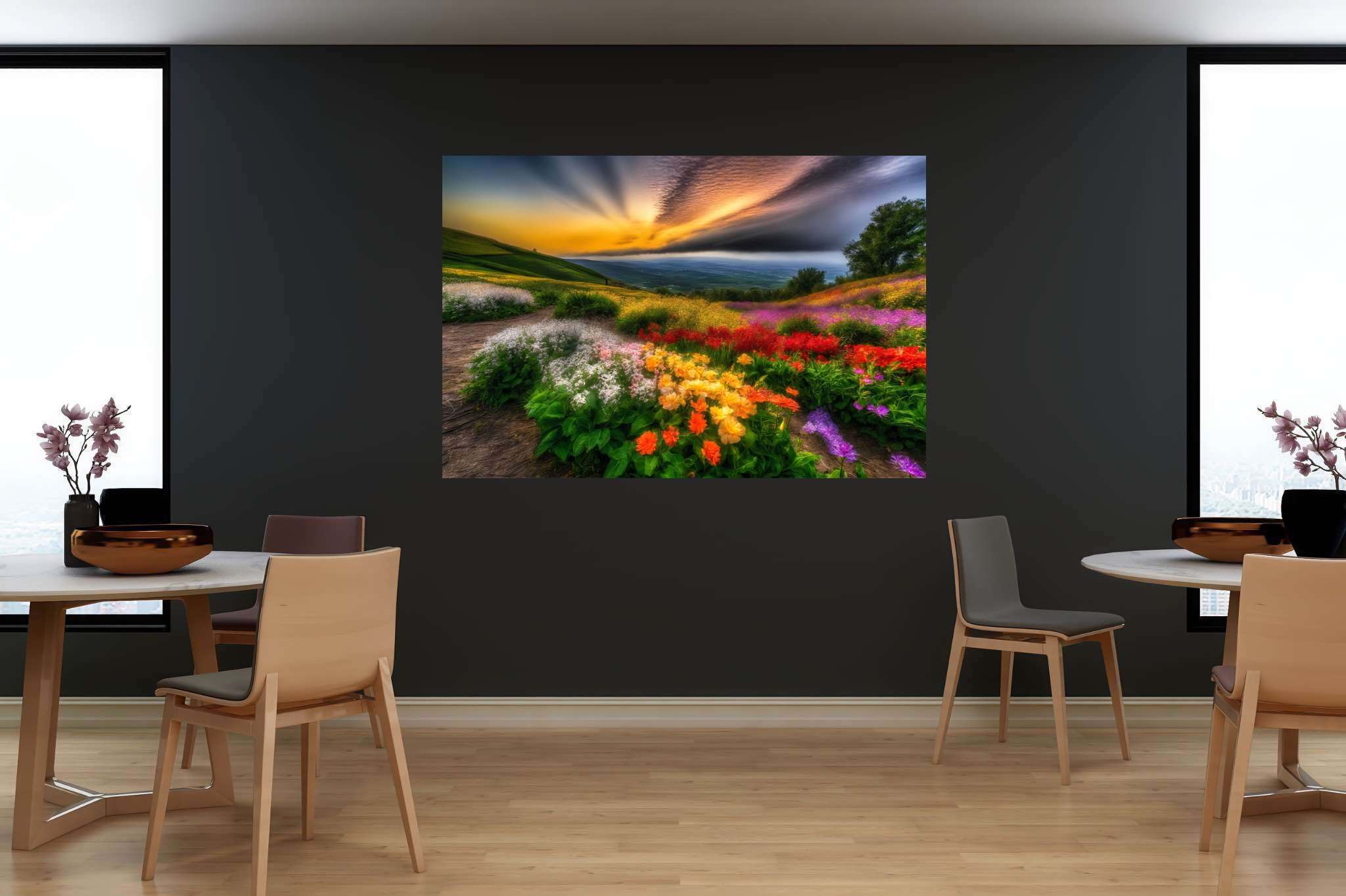 Bloom horizons unveiled: Floral art with botanical aesthetics, in a room with urban design, fine art prints, and trendy home accents. The art can be printed on poster, framed poster, canvas, metal, acrylic or wood, exclusively at WallArtZen. Find this exact print at https://wallartzen.com/waz307