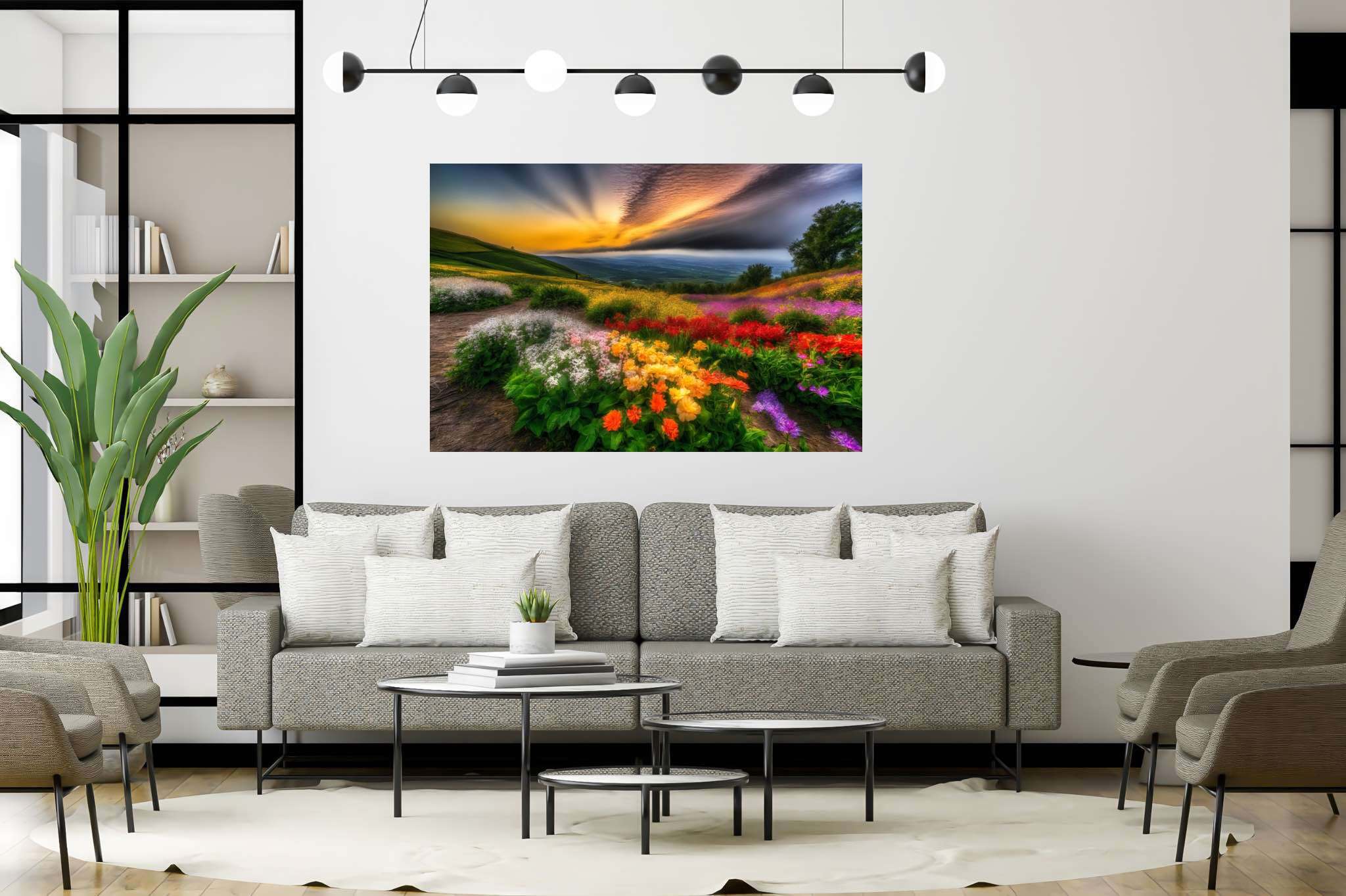 Bloom horizons unveiled: Floral art with floral art, in a room with contemporary flair, photographic wall art, and interior decorations. The art can be printed on poster, framed poster, canvas, metal, acrylic or wood, exclusively at WallArtZen. Find this exact print at https://wallartzen.com/waz307