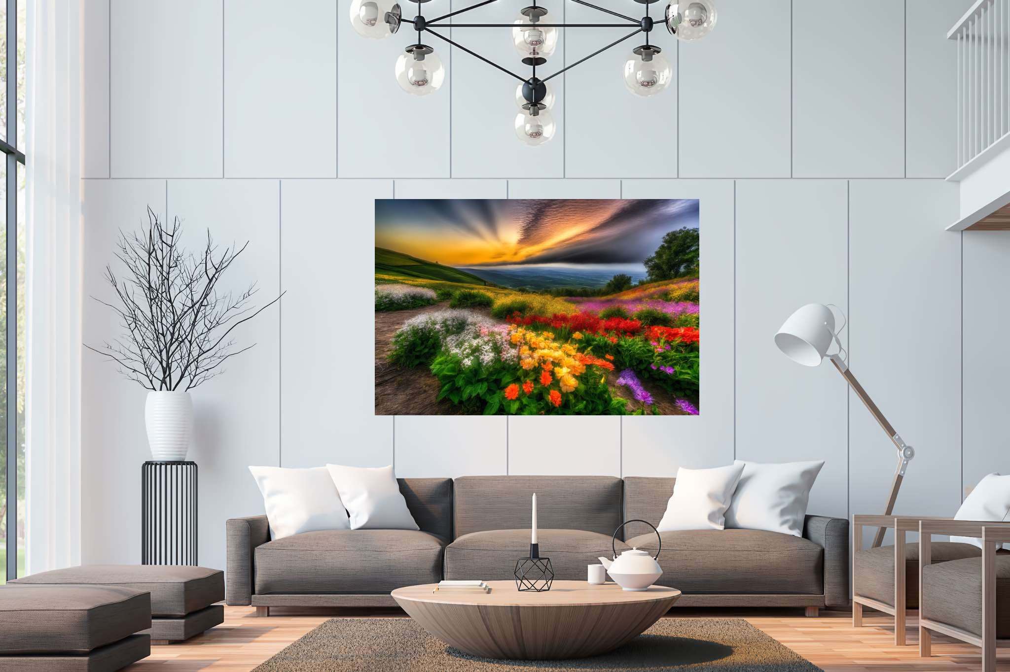 Bloom horizons unveiled: Floral art with floral arrangements, in a room with artistic style, mural artworks, and artisan decor. The art can be printed on poster, framed poster, canvas, metal, acrylic or wood, exclusively at WallArtZen. Find this exact print at https://wallartzen.com/waz307