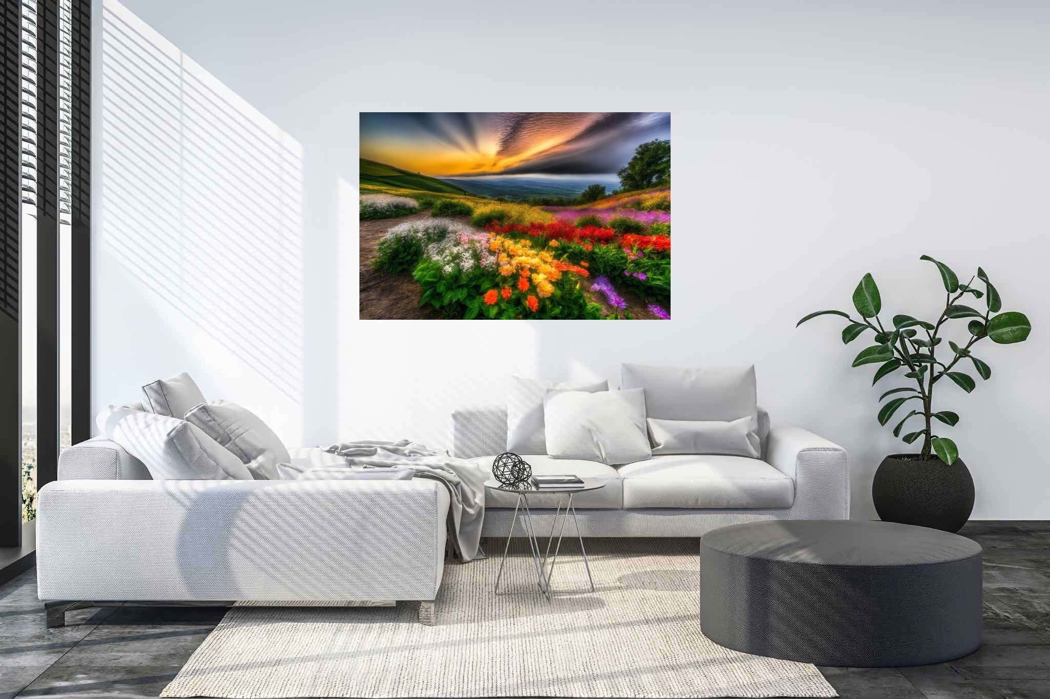 Bloom horizons unveiled: Floral art with nature-inspired art, in a room with elegant layout, mural artworks, and luxe decor. The art can be printed on poster, framed poster, canvas, metal, acrylic or wood, exclusively at WallArtZen. Find this exact print at https://wallartzen.com/waz307