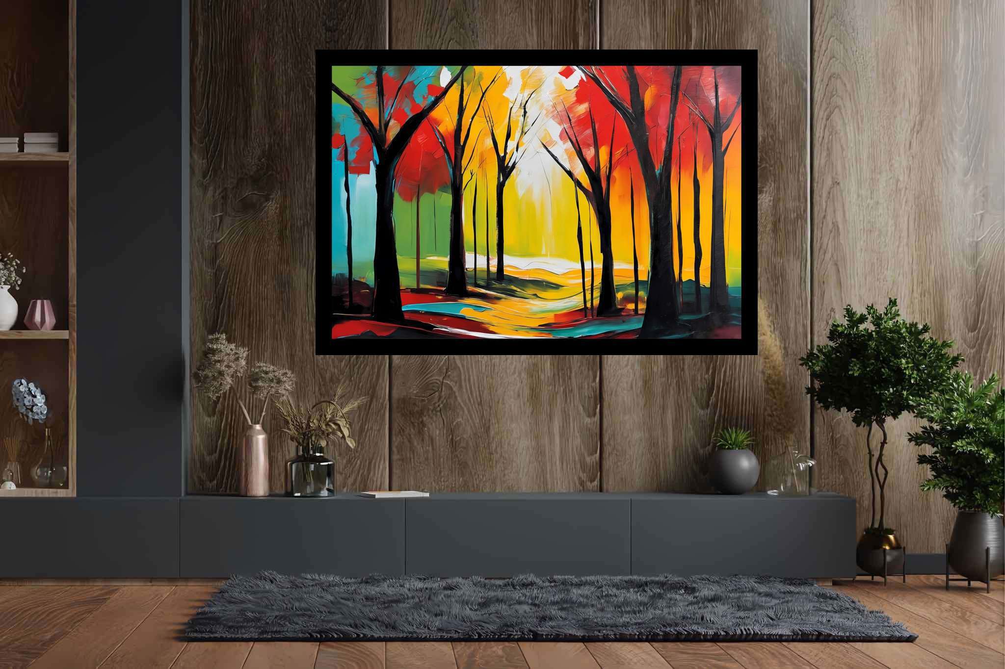 Aurora's embrace: Forest art with forest-themed artwork, in a room with chic decor, canvas prints, and decorative pieces. The art can be printed on poster, framed poster, canvas, metal, acrylic or wood, exclusively at WallArtZen. Find this exact print at https://wallartzen.com/waz308