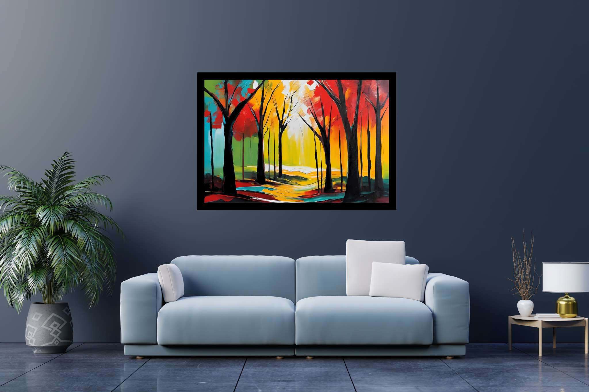 Aurora's embrace: Forest art with nature-inspired art, in a room with great design, framed art, and home furnishings. The art can be printed on poster, framed poster, canvas, metal, acrylic or wood, exclusively at WallArtZen. Find this exact print at https://wallartzen.com/waz308