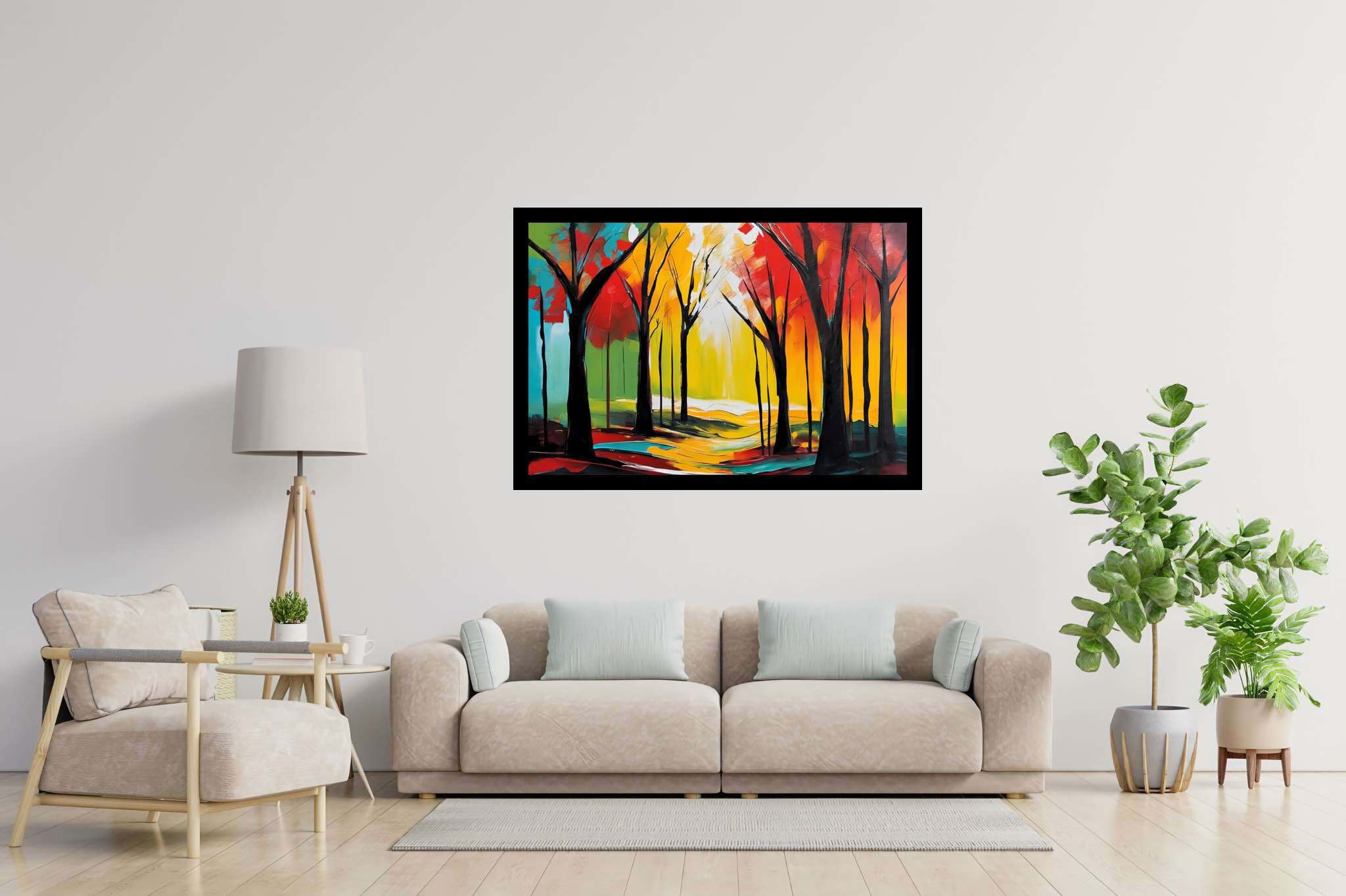 Aurora's embrace: Forest art with forest photography, in a room with great design, mural artworks, and home styling items. The art can be printed on poster, framed poster, canvas, metal, acrylic or wood, exclusively at WallArtZen. Find this exact print at https://wallartzen.com/waz308