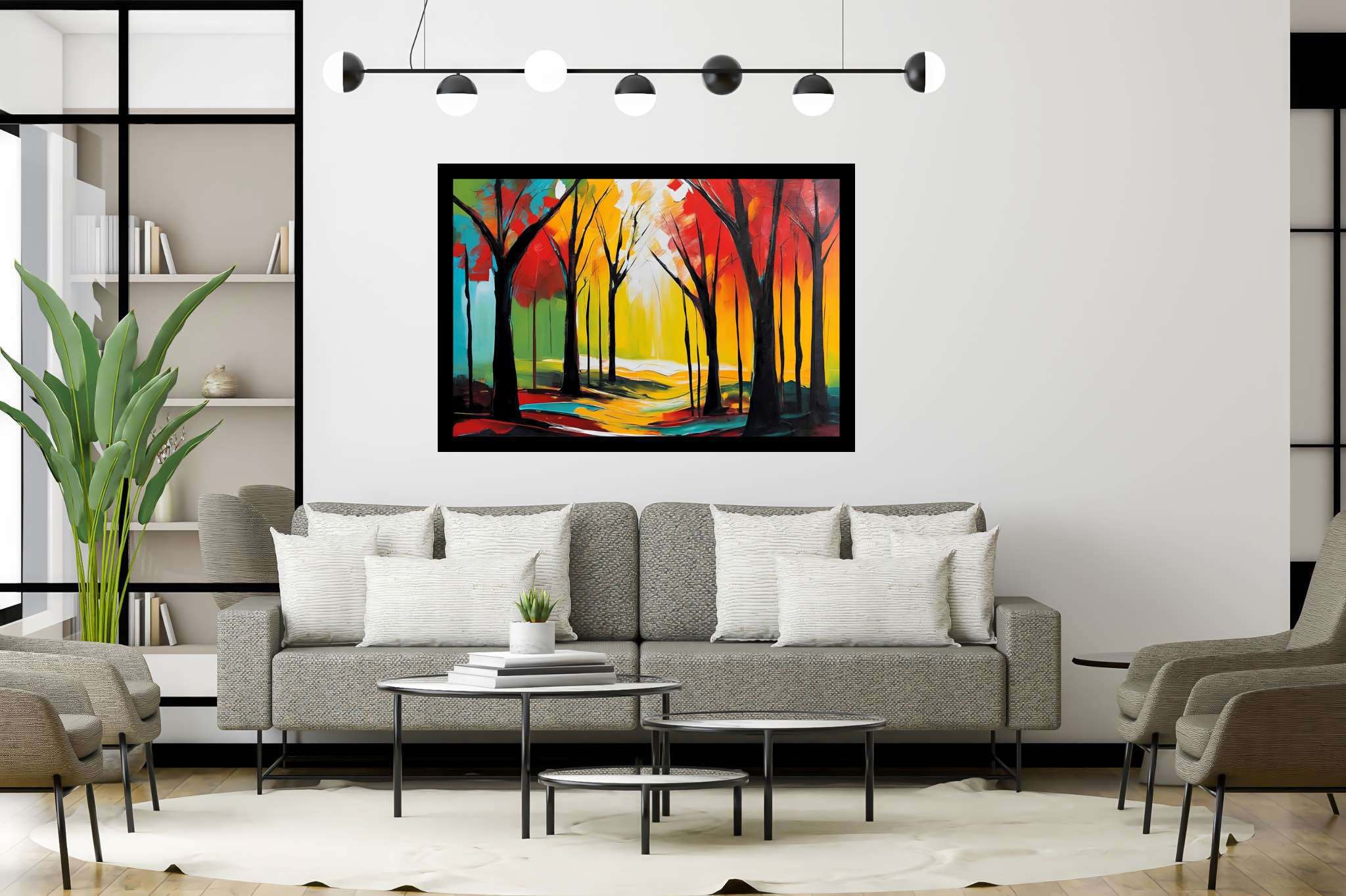 Aurora's embrace: Forest art with forest paintings, in a room with minimalist approach, digital art pieces, and luxe decor. The art can be printed on poster, framed poster, canvas, metal, acrylic or wood, exclusively at WallArtZen. Find this exact print at https://wallartzen.com/waz308