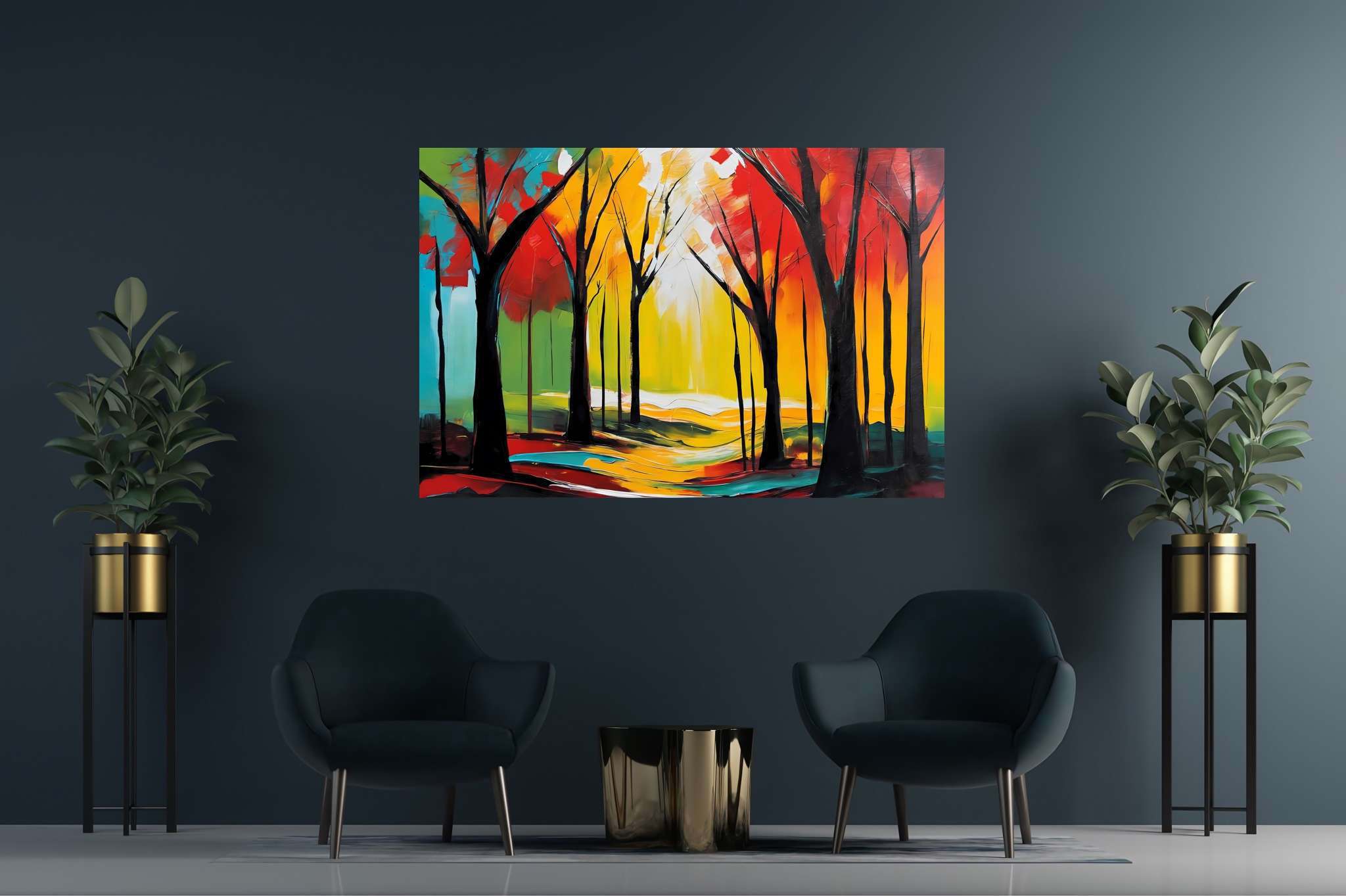 Aurora's embrace: Forest art with forest photography, in a room with contemporary flair, gallery-quality artwork, and home furnishings. The art can be printed on poster, framed poster, canvas, metal, acrylic or wood, exclusively at WallArtZen. Find this exact print at https://wallartzen.com/waz308