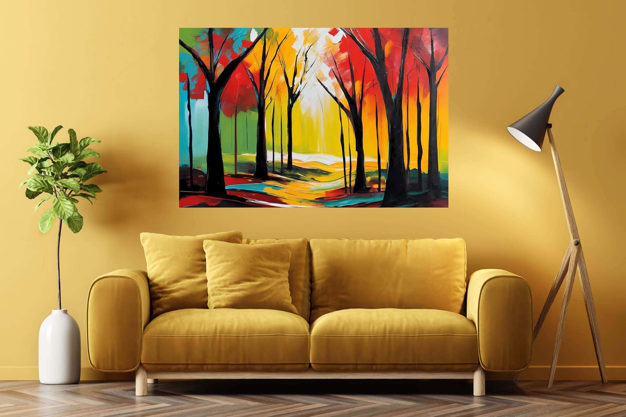 Aurora's embrace: Forest art with forest watercolors, in a room with classic elegance, abstract paintings, and stylish accessories. The art can be printed on poster, framed poster, canvas, metal, acrylic or wood, exclusively at WallArtZen. Find this exact print at https://wallartzen.com/waz308
