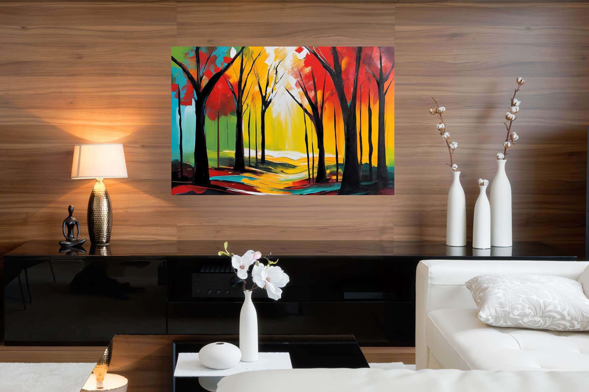Aurora's embrace: Forest art with enchanted forest, in a room with urban design, digital art pieces, and trendy home accents. The art can be printed on poster, framed poster, canvas, metal, acrylic or wood, exclusively at WallArtZen. Find this exact print at https://wallartzen.com/waz308