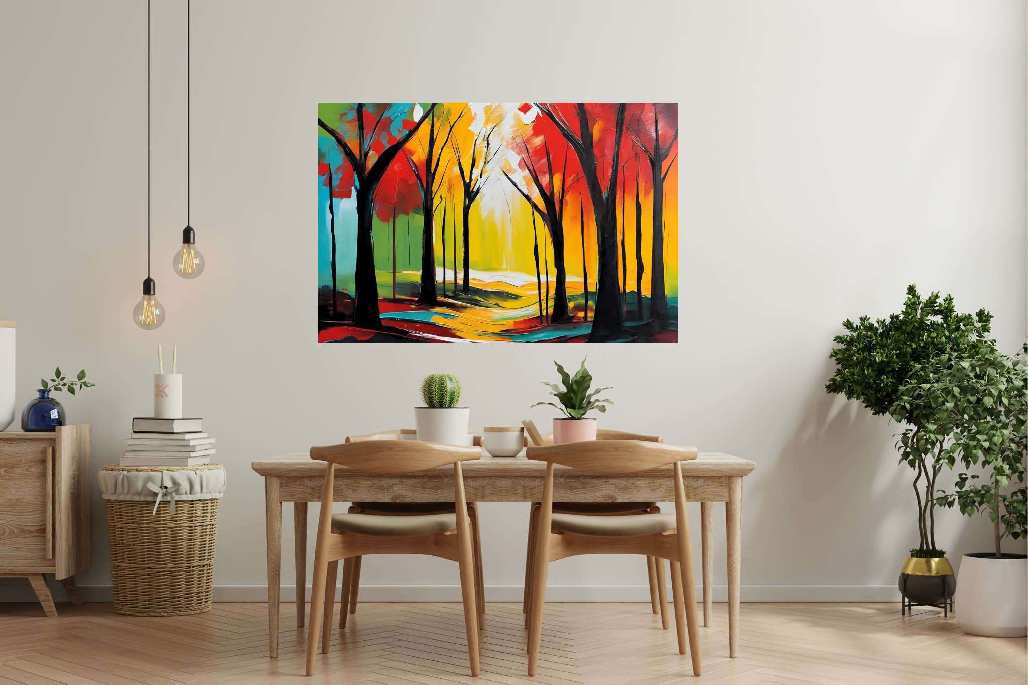 Aurora's embrace: Forest art with enchanted forest, in a room with chic decor, gallery-quality artwork, and luxe decor. The art can be printed on poster, framed poster, canvas, metal, acrylic or wood, exclusively at WallArtZen. Find this exact print at https://wallartzen.com/waz308