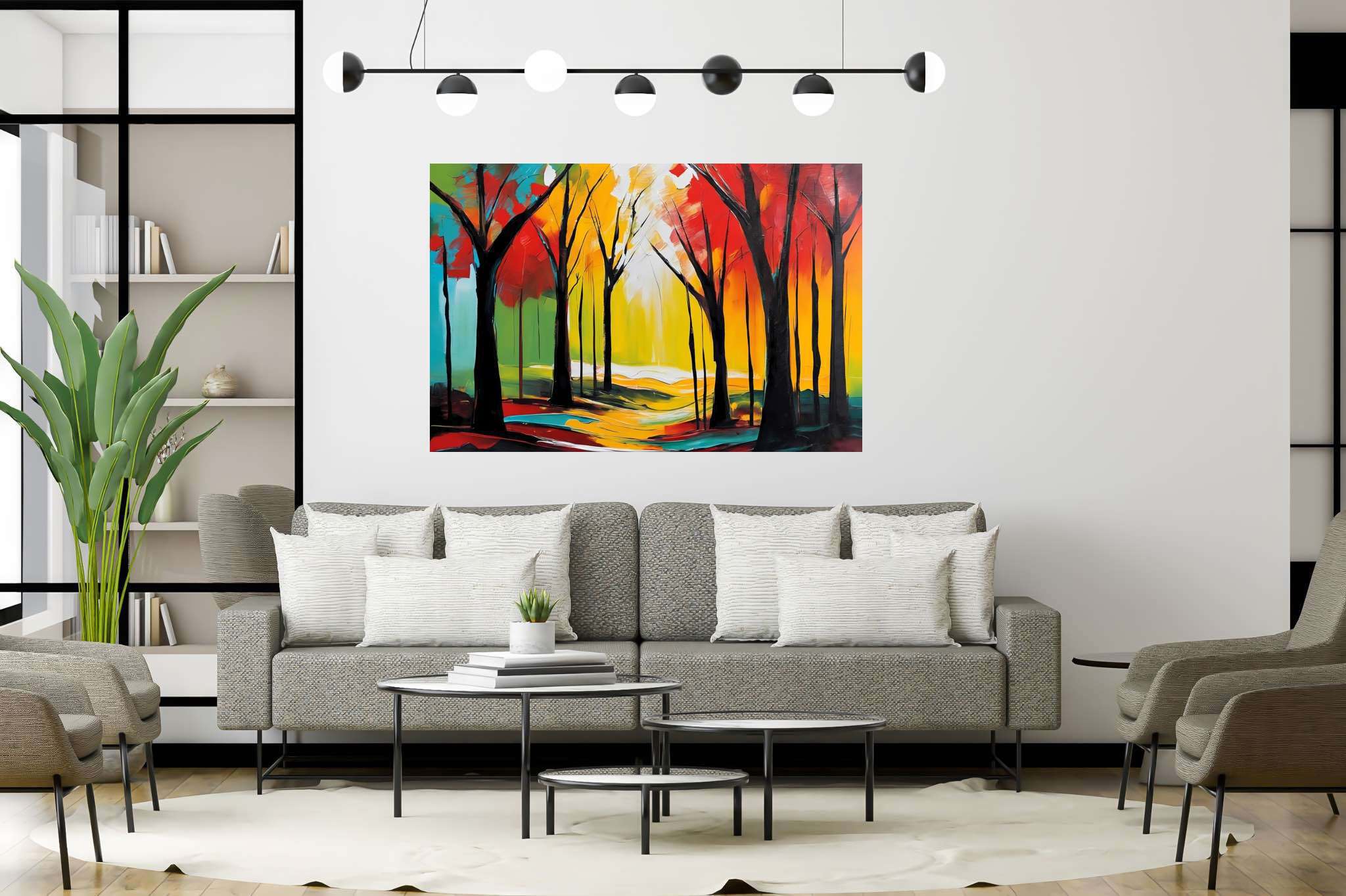 Aurora's embrace: Forest art with mystical forests, in a room with elegant layout, digital art pieces, and home styling items. The art can be printed on poster, framed poster, canvas, metal, acrylic or wood, exclusively at WallArtZen. Find this exact print at https://wallartzen.com/waz308