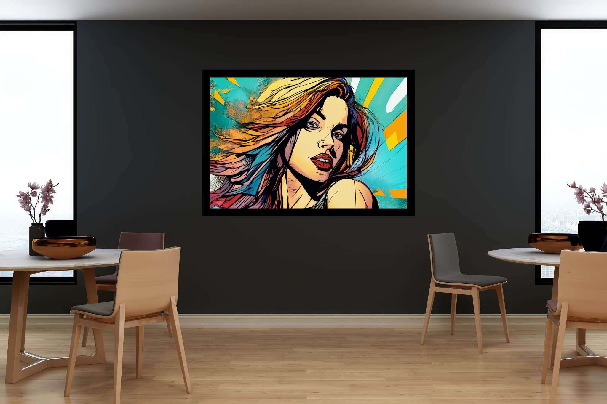 Crimson gaze amid chroma storm: Bold makeup art with experimental cosmetics, in a room with chic decor, photographic wall art, and stylish accessories. The art can be printed on poster, framed poster, canvas, metal, acrylic or wood, exclusively at WallArtZen. Find this exact print at https://wallartzen.com/waz30
