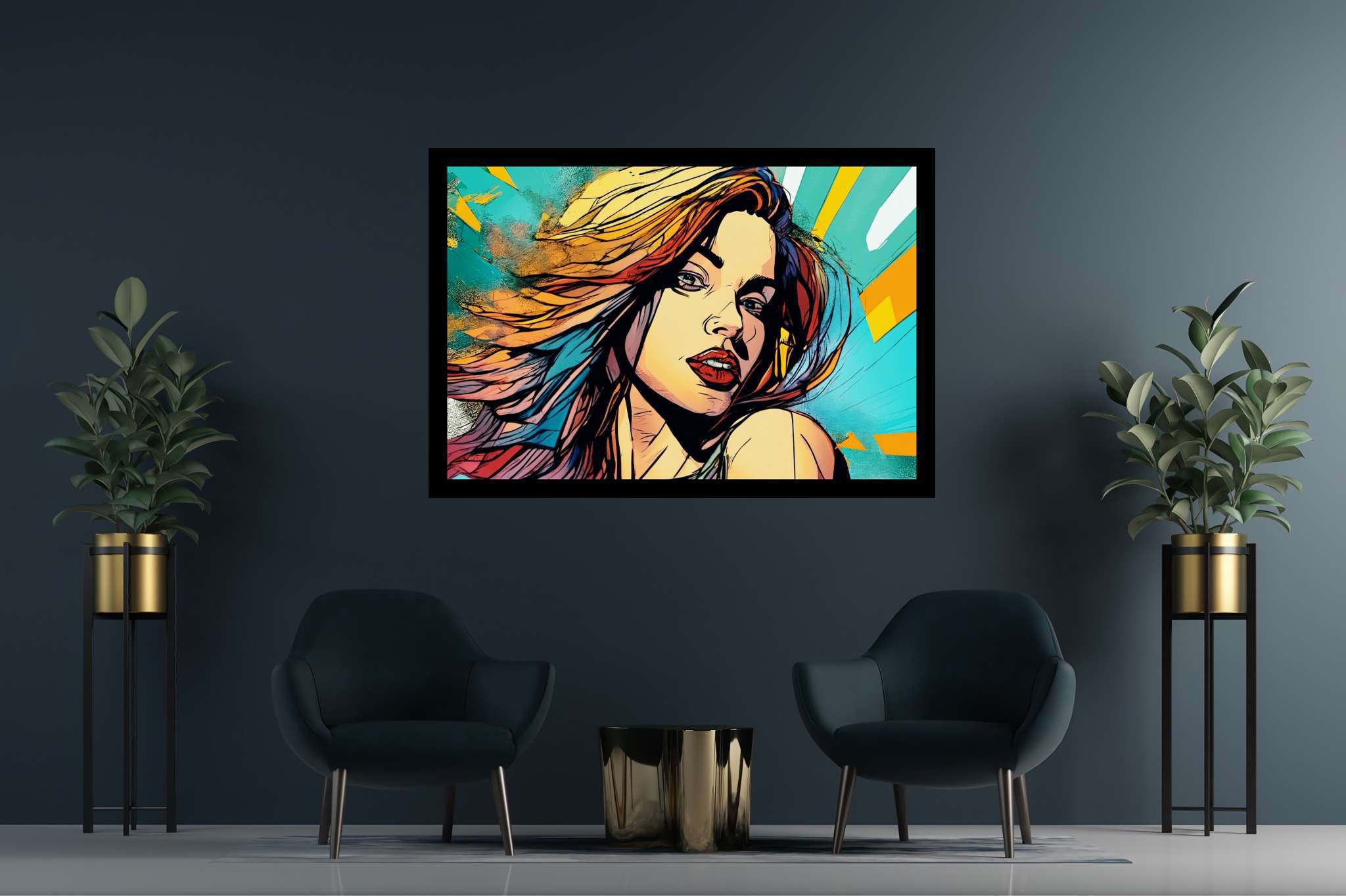 Crimson gaze amid chroma storm: Bold makeup art with pop art, in a room with artistic style, mural artworks, and decorative pieces. The art can be printed on poster, framed poster, canvas, metal, acrylic or wood, exclusively at WallArtZen. Find this exact print at https://wallartzen.com/waz30