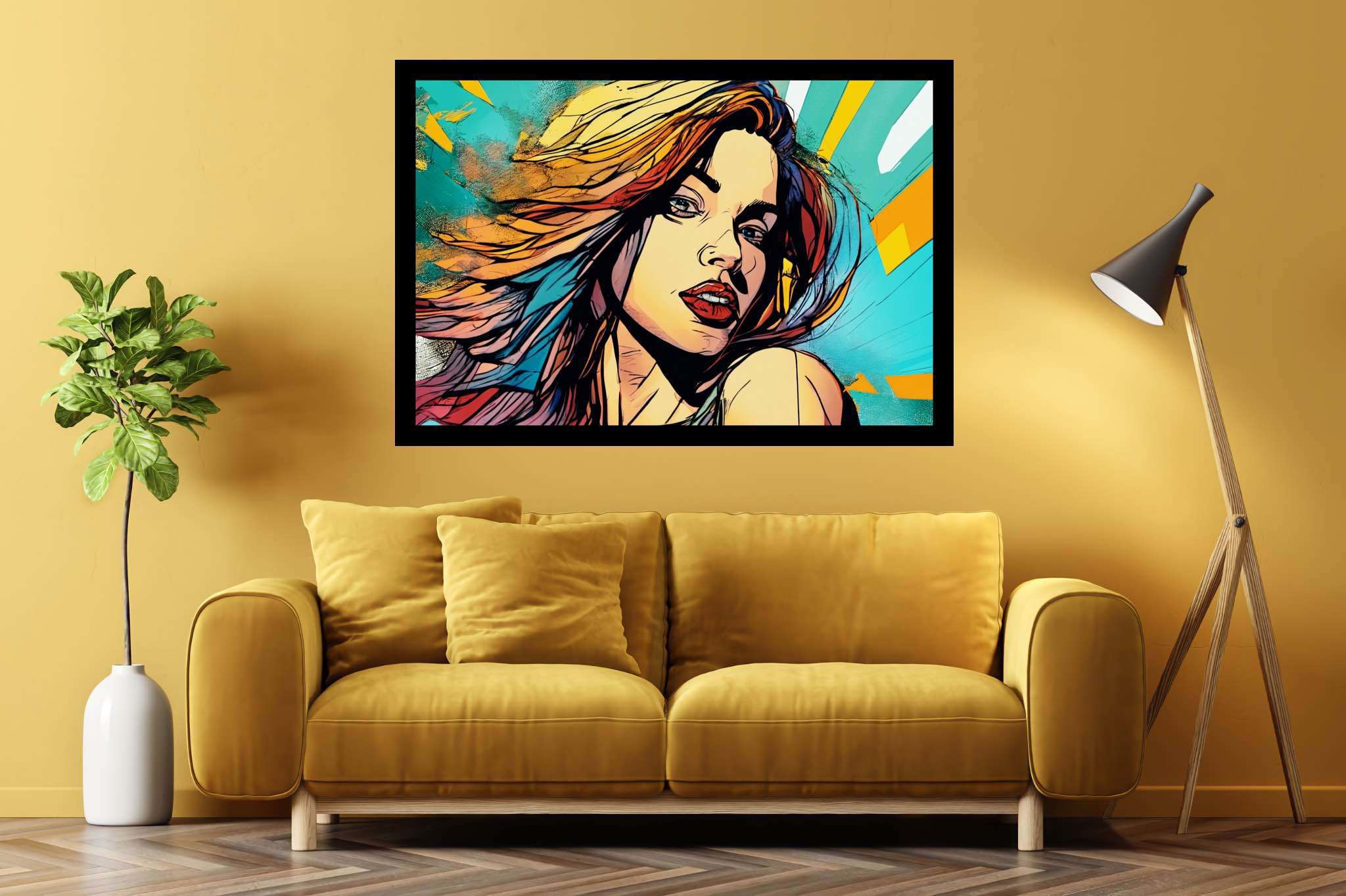 Crimson gaze amid chroma storm: Bold makeup art with bold and daring beauty, in a room with contemporary flair, wall hangings, and artisan decor. The art can be printed on poster, framed poster, canvas, metal, acrylic or wood, exclusively at WallArtZen. Find this exact print at https://wallartzen.com/waz30