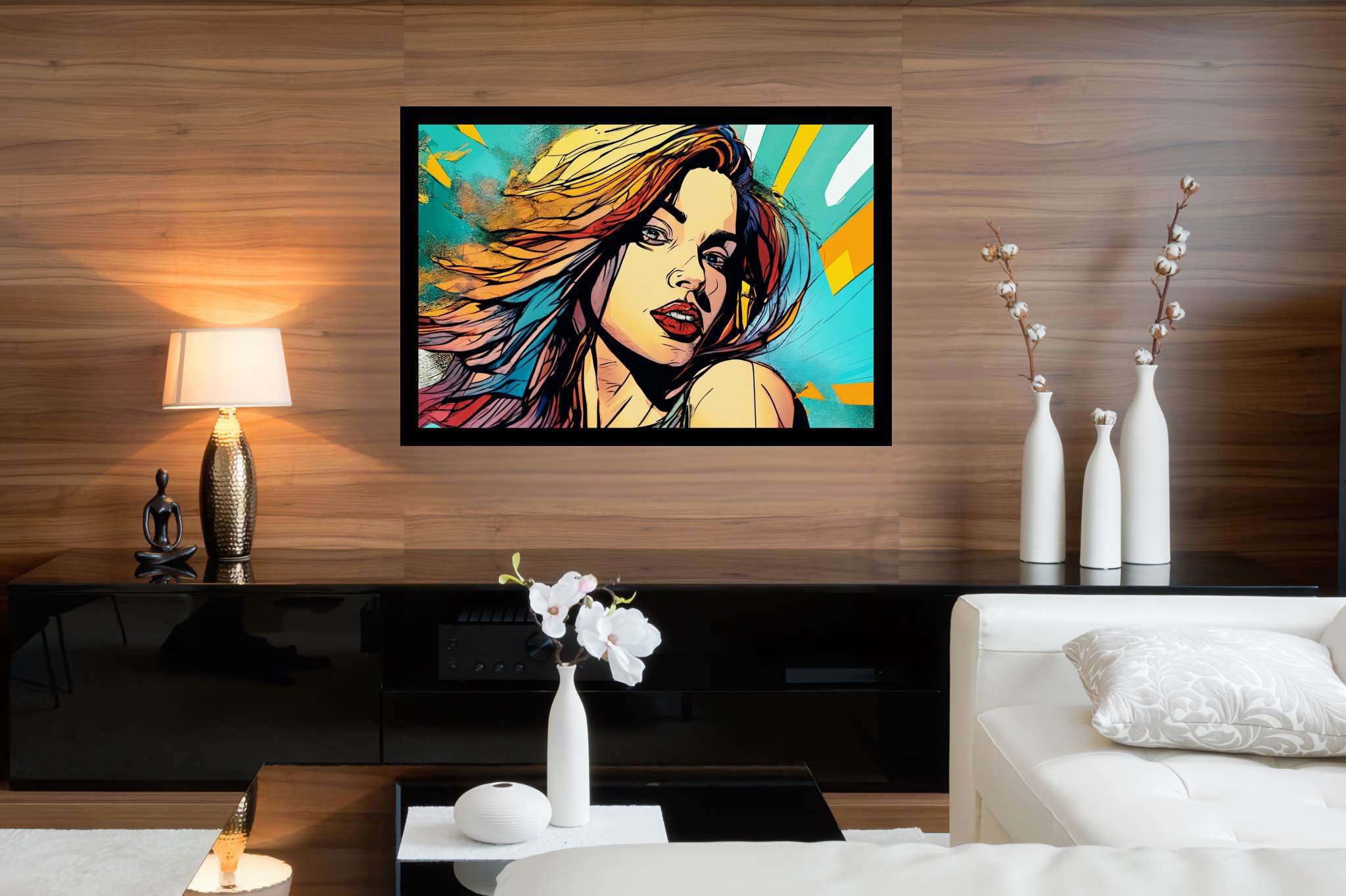 Crimson gaze amid chroma storm: Bold makeup art with edgy face art, in a room with classic elegance, framed art, and artisan decor. The art can be printed on poster, framed poster, canvas, metal, acrylic or wood, exclusively at WallArtZen. Find this exact print at https://wallartzen.com/waz30