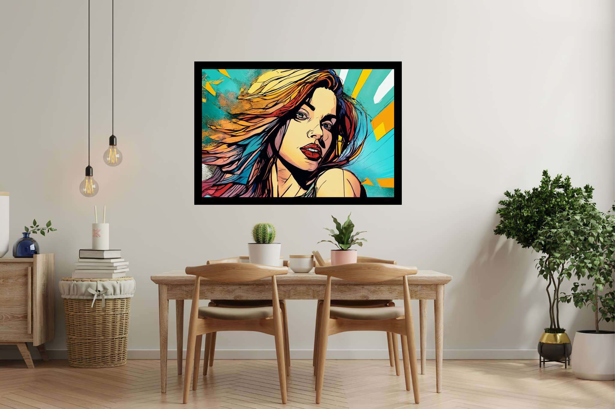 Crimson gaze amid chroma storm: Bold makeup art with experimental cosmetics, in a room with contemporary flair, framed art, and home styling items. The art can be printed on poster, framed poster, canvas, metal, acrylic or wood, exclusively at WallArtZen. Find this exact print at https://wallartzen.com/waz30