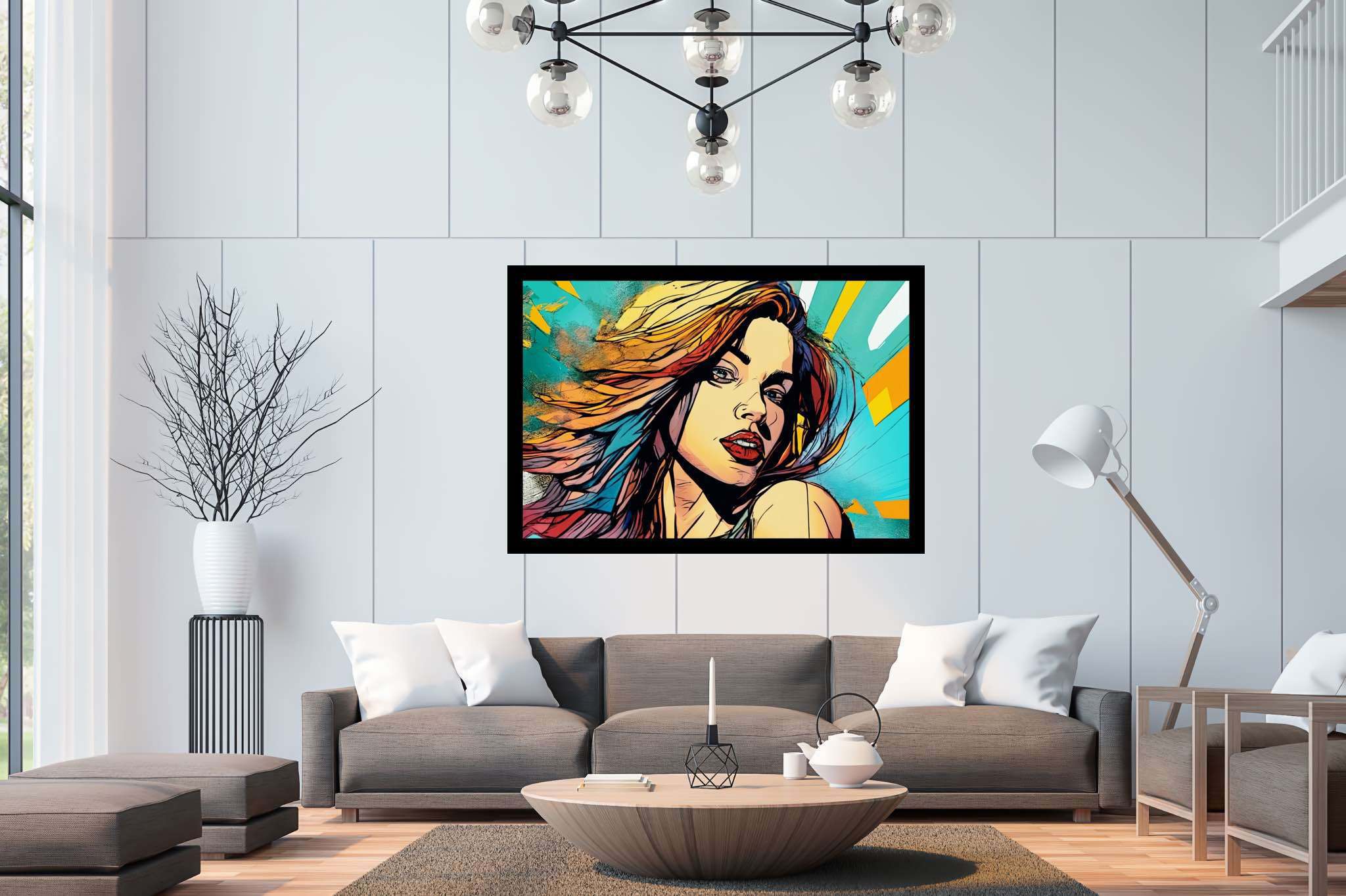 Crimson gaze amid chroma storm: Bold makeup art with artistic beauty transformations, in a room with classic elegance, mural artworks, and stylish accessories. The art can be printed on poster, framed poster, canvas, metal, acrylic or wood, exclusively at WallArtZen. Find this exact print at https://wallartzen.com/waz30