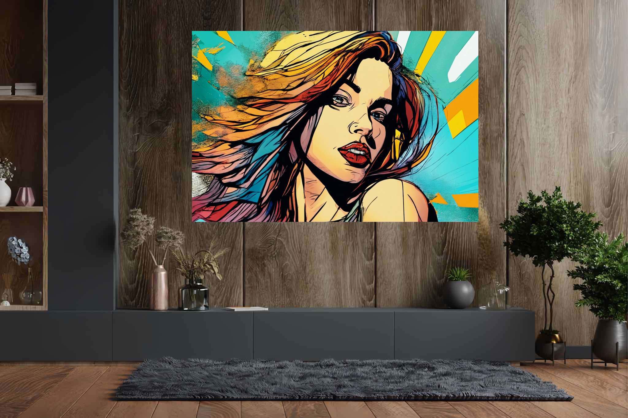 Crimson gaze amid chroma storm: Bold makeup art with expressive makeup, in a room with minimalist approach, bespoke art designs, and artisan decor. The art can be printed on poster, framed poster, canvas, metal, acrylic or wood, exclusively at WallArtZen. Find this exact print at https://wallartzen.com/waz30