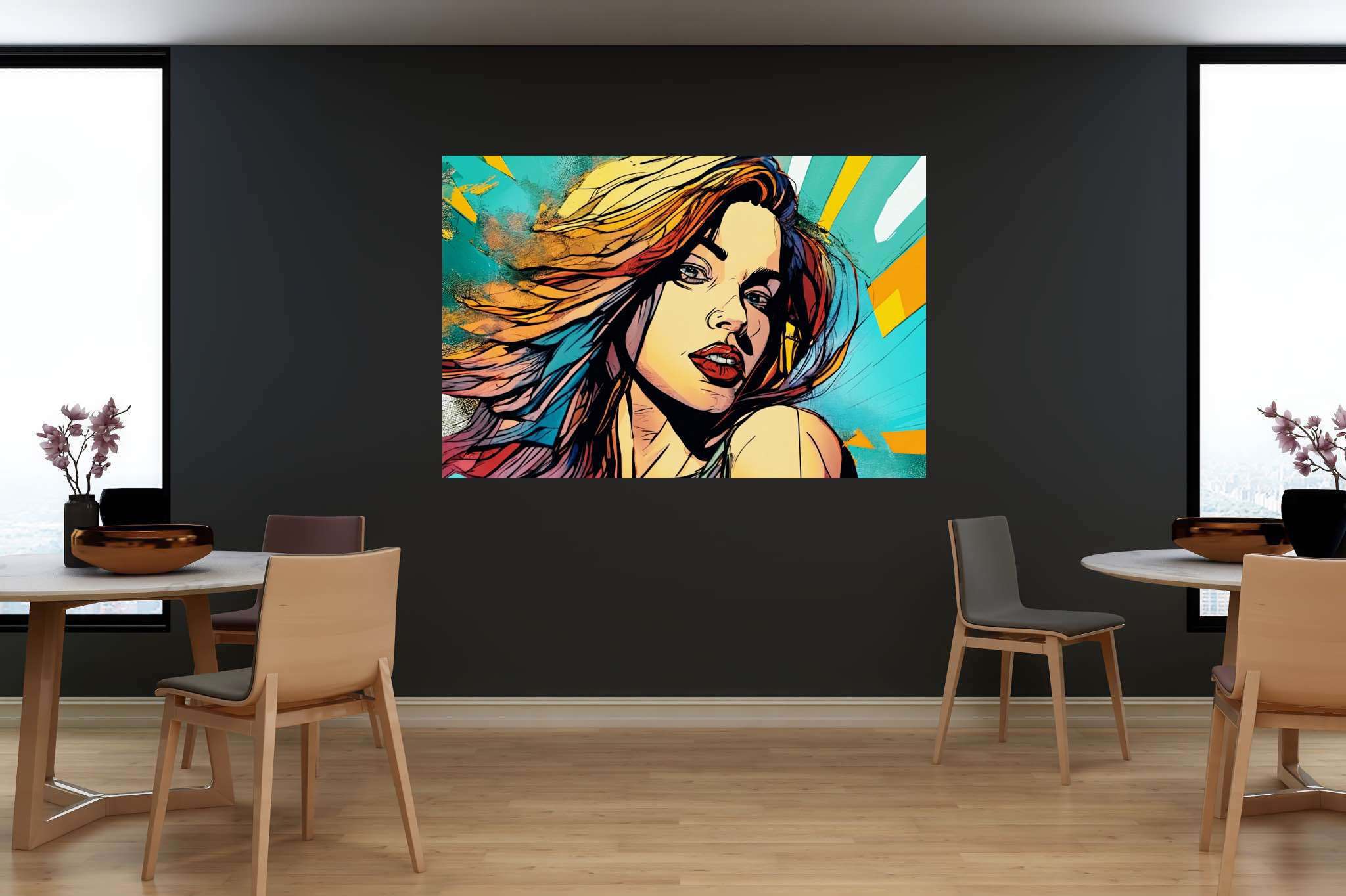 Crimson gaze amid chroma storm: Bold makeup art with unconventional makeup styles, in a room with elegant layout, digital art pieces, and designer furniture. The art can be printed on poster, framed poster, canvas, metal, acrylic or wood, exclusively at WallArtZen. Find this exact print at https://wallartzen.com/waz30